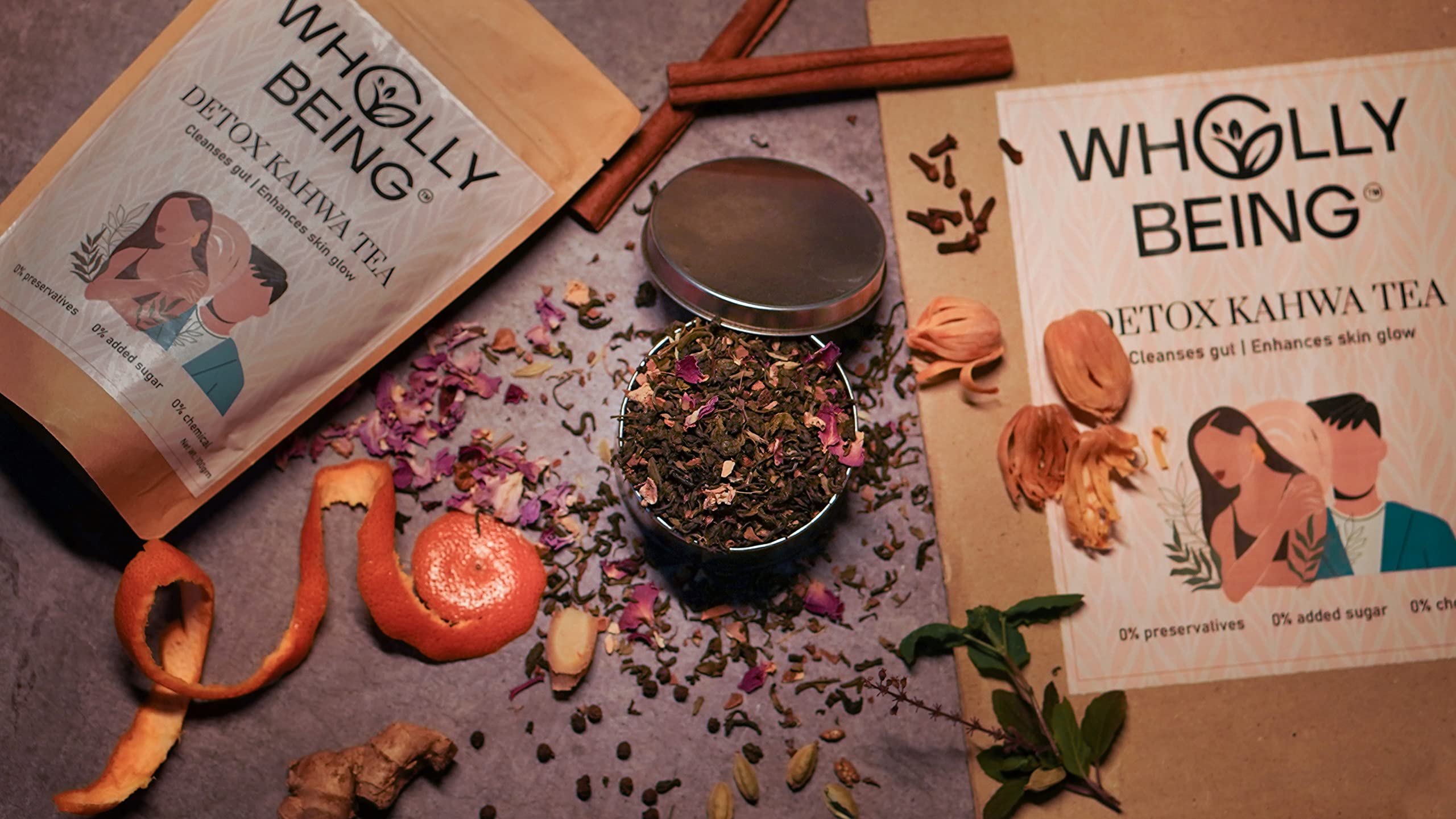 Wholly Being - Detox Kahwa Tea for skin glow and gut detox 100g with nutmeg, sea buckthorn, rose petals, orange peels 2