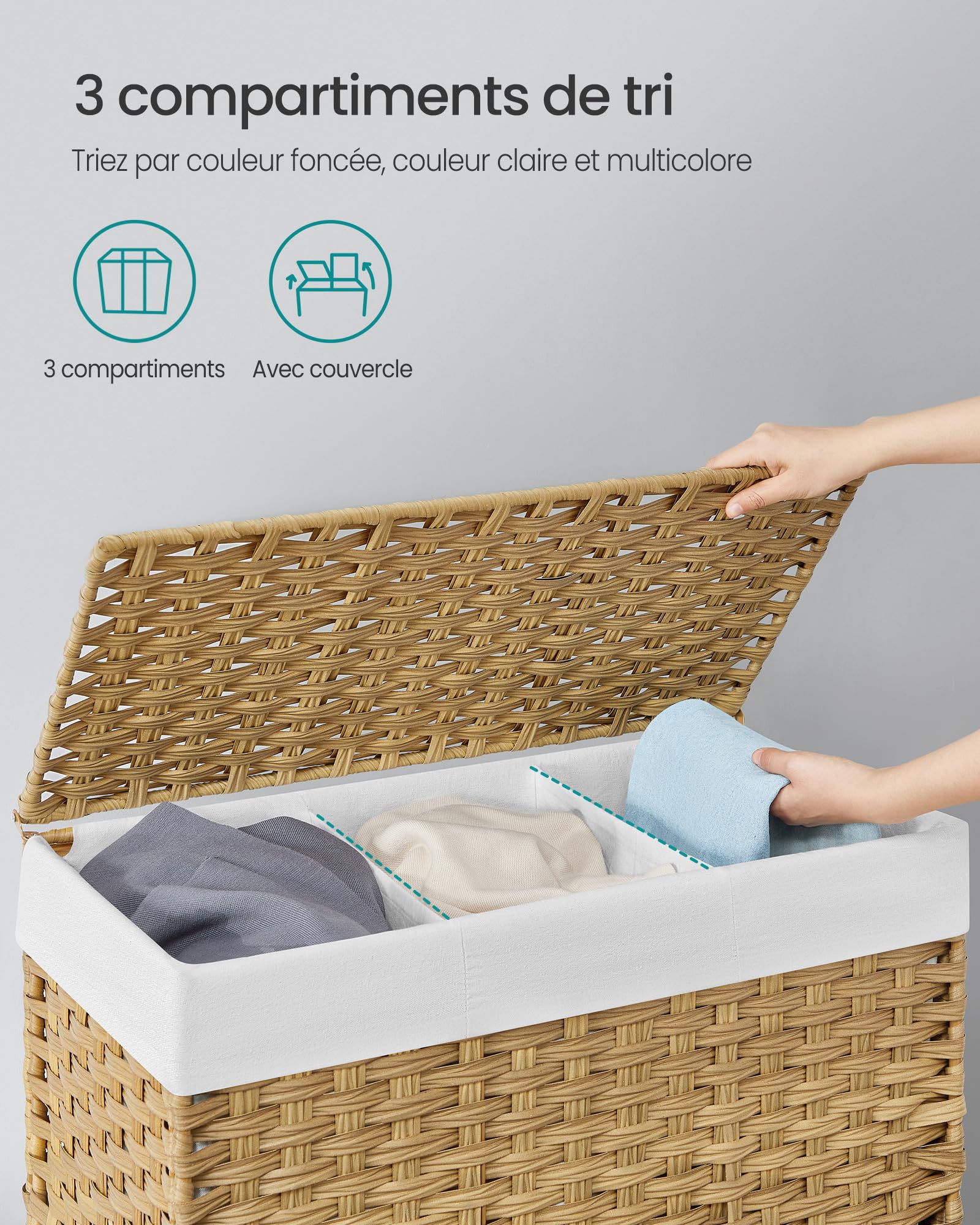 SONGMICS Panier à Linge avec Couvercle, 160L, Corbeille Linge Sale Tressé, avec roulettes, 3 Compartiments, Sac Intérieur Amovible, pour Buanderie, Chambre, 70 x 36 x 66 cm, Couleur Boisée LCB365N01