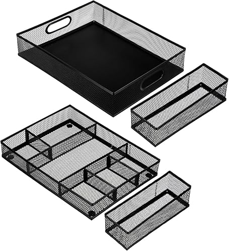 Juego de 4 bandejas organizadoras de cajones de escritorio, organizadores de cajones de escritorio de malla de metal negro y accesorios con