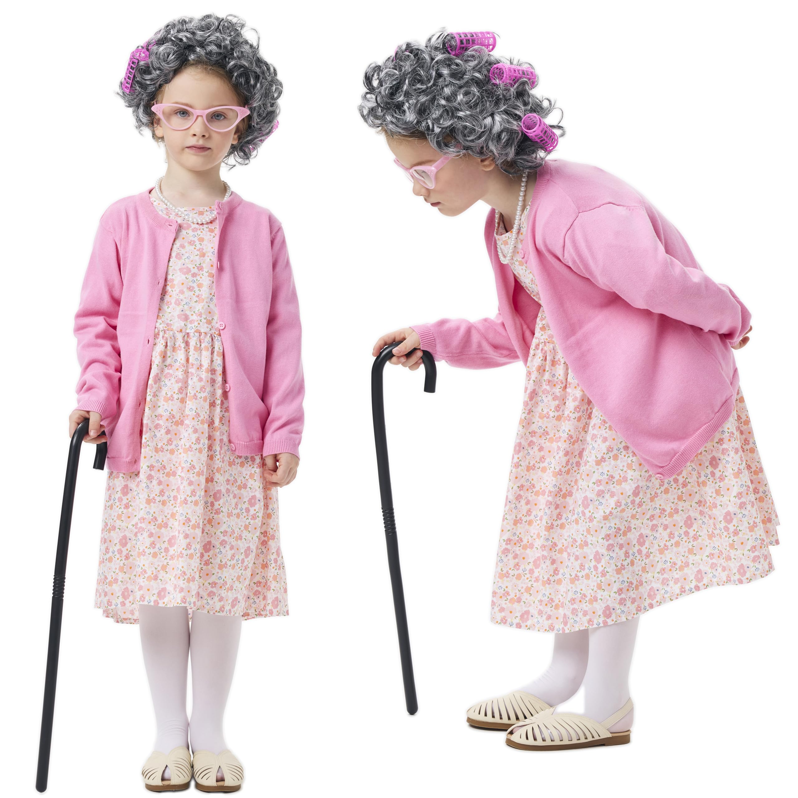 JoyFuncos Granny Costume Kids Old Lady Fancy Dress Outfit Grandma Wig Dress Glasses Necklace Girls Cosplay for Halloween 100 Days of School World Book Day (Pink - Image 2