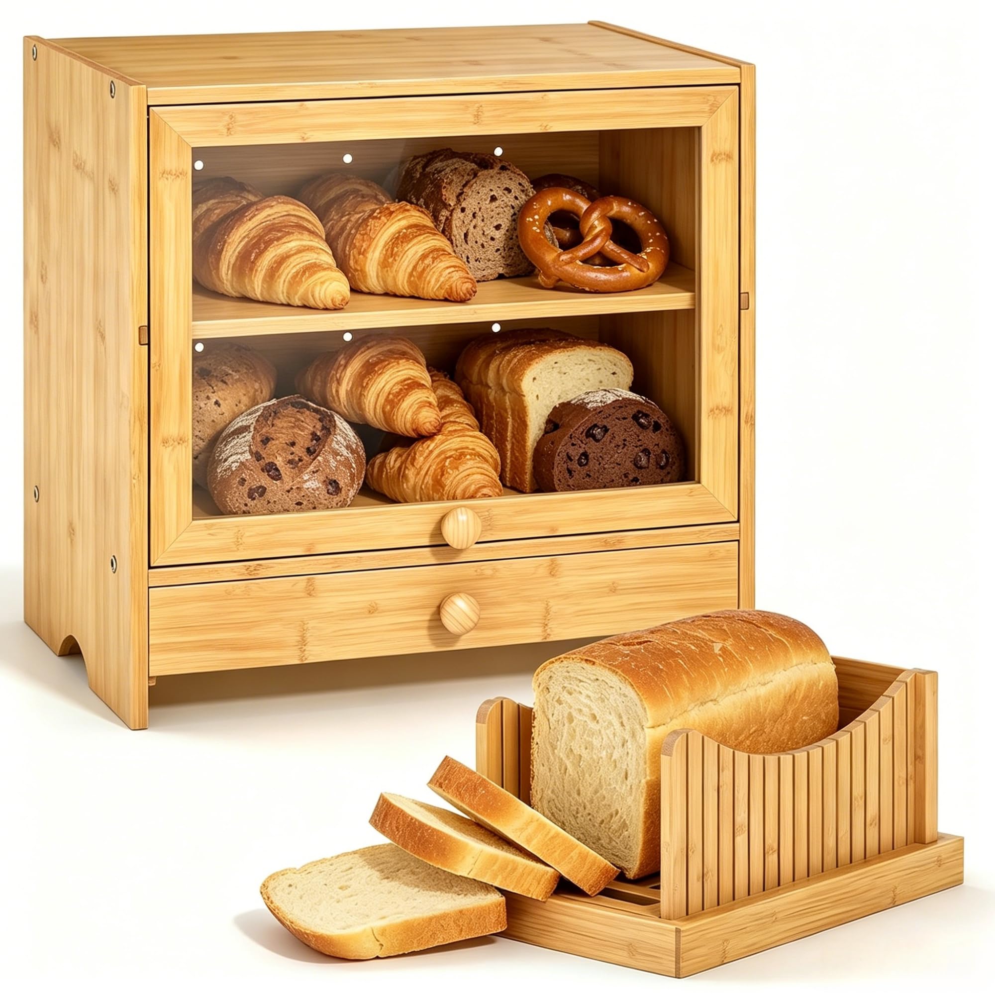 2-poziomowy Pojemnik na Chleb z Deską do Krojenia, 38.5x25x36 cm Duży Drewniany Kosz na Chleb z Krajalnicą, Bambusowa Skrzynka z Okienkiem na Domowe Pieczywo i Ciastka