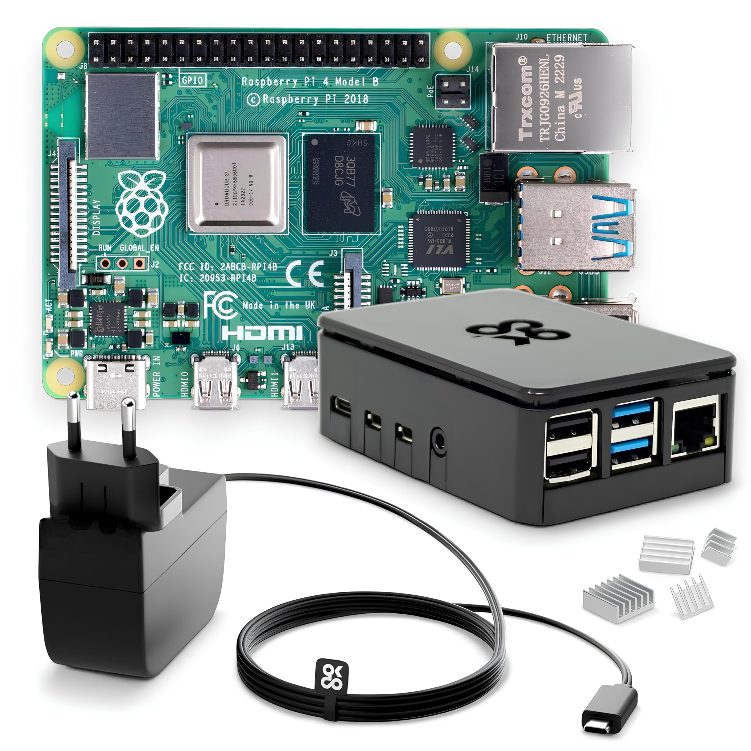 db-tronic OKdo Raspberry Pi 4 Model B Kit de démarrage 4 Go - Bloc d'alimentation 15 W - Boîtier noir - Dissipateur thermique - Idéal pour la maison intelligente, le jeu rétro et l'assistant à