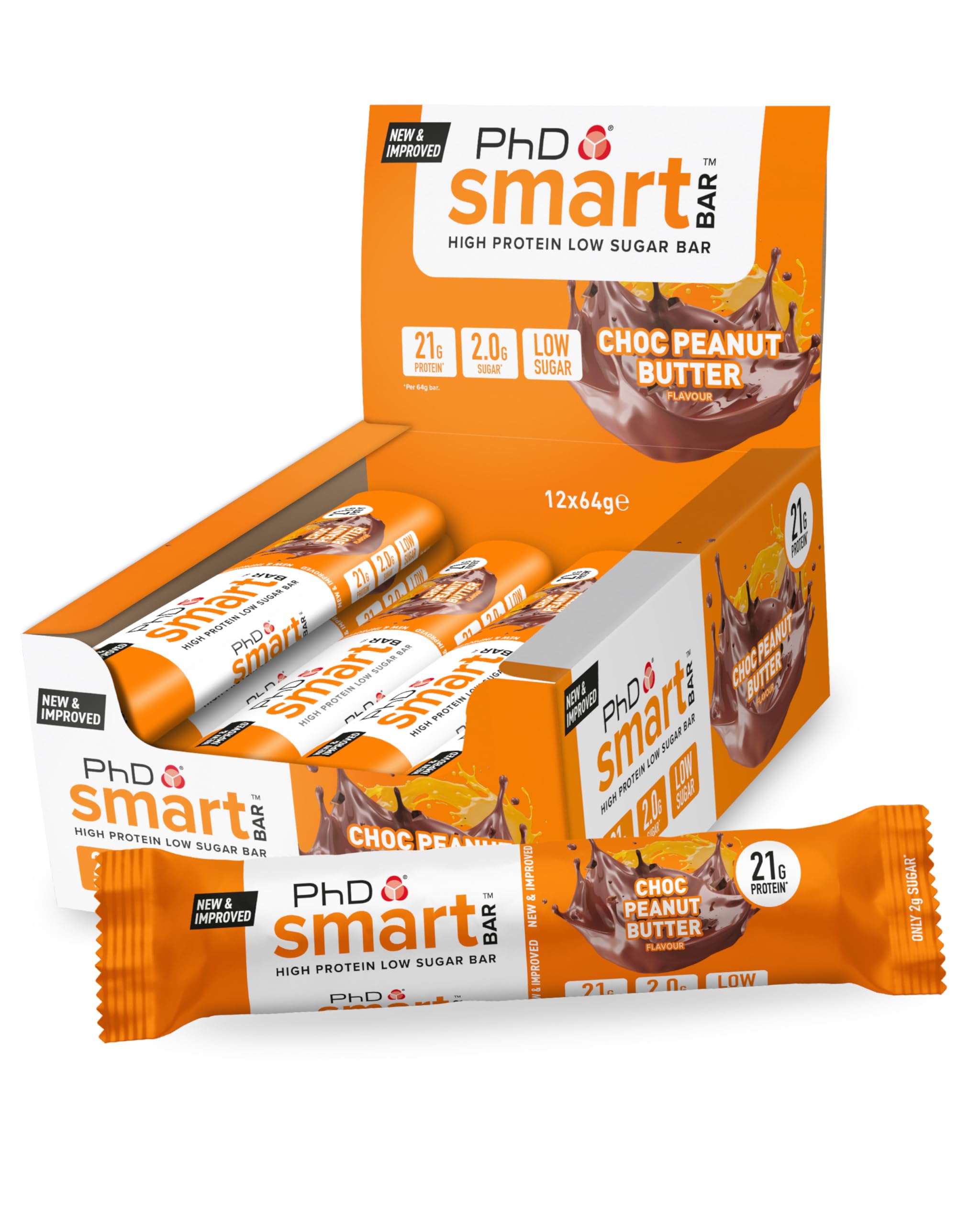 PhD Nutrition Smart Protein Bar Low Calorie, Nutritional Protein Bars/Protein Snacks, High Protein Low Sugar, Chocolate Peanut Butter Flavour, 20g of Protein, 64g Bar (12 Pack)