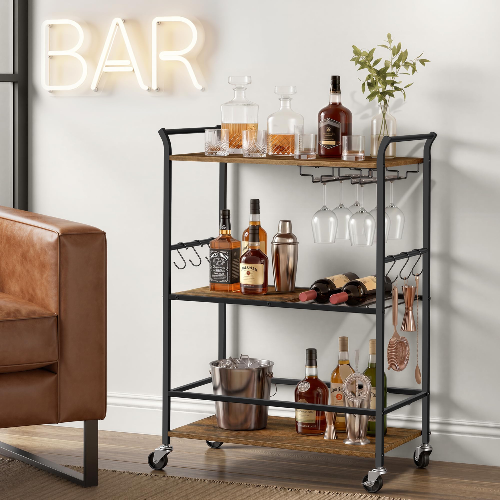 VASAGLE Carrello da Cucina a 3 Ripiani con Ruote, 64,5 x 32 x 85,5 cm | Carrello Bar in Acciaio e Truciolato, Portabottiglie e Porta Calici, Vintage e Nero Opaco, Collezione BARNET LRC200K101
