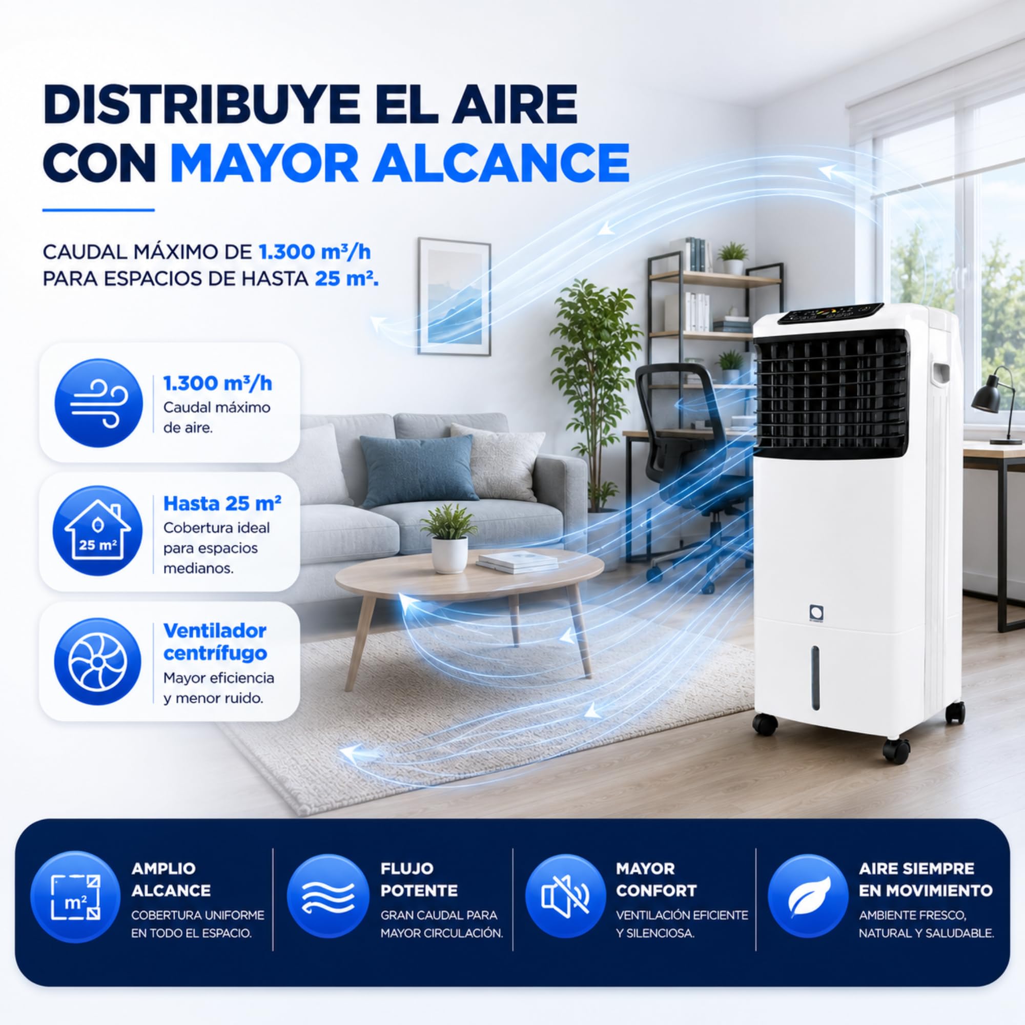 Climatizador Evaporativo VONALA E1300C – Enfriador de Aire y Calefactor 2 en 1 con Ionizador, Depósito 10L, 6 Velocidades, Mando a Distancia, Modo Calor y Frio