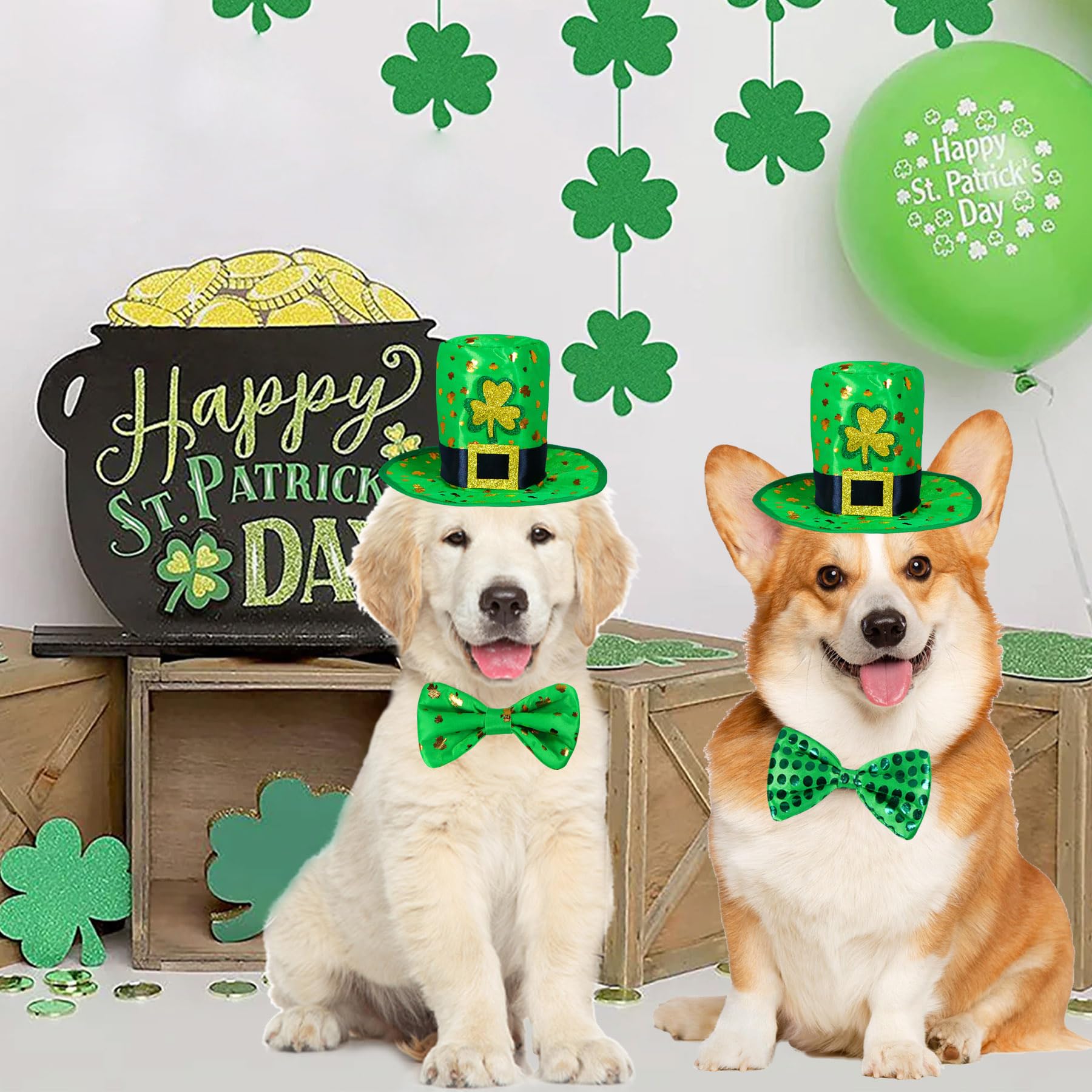 GOYOSWA GOYOSWA 3 PCS Dog St. Patrick's Day Outfit, St Patricks Day Dog Clothes Green Shamrock Dog Hat Dog Bow Tie Collar for Small Medium Large Dogs (Dog Hat & 2 Bow Tie)