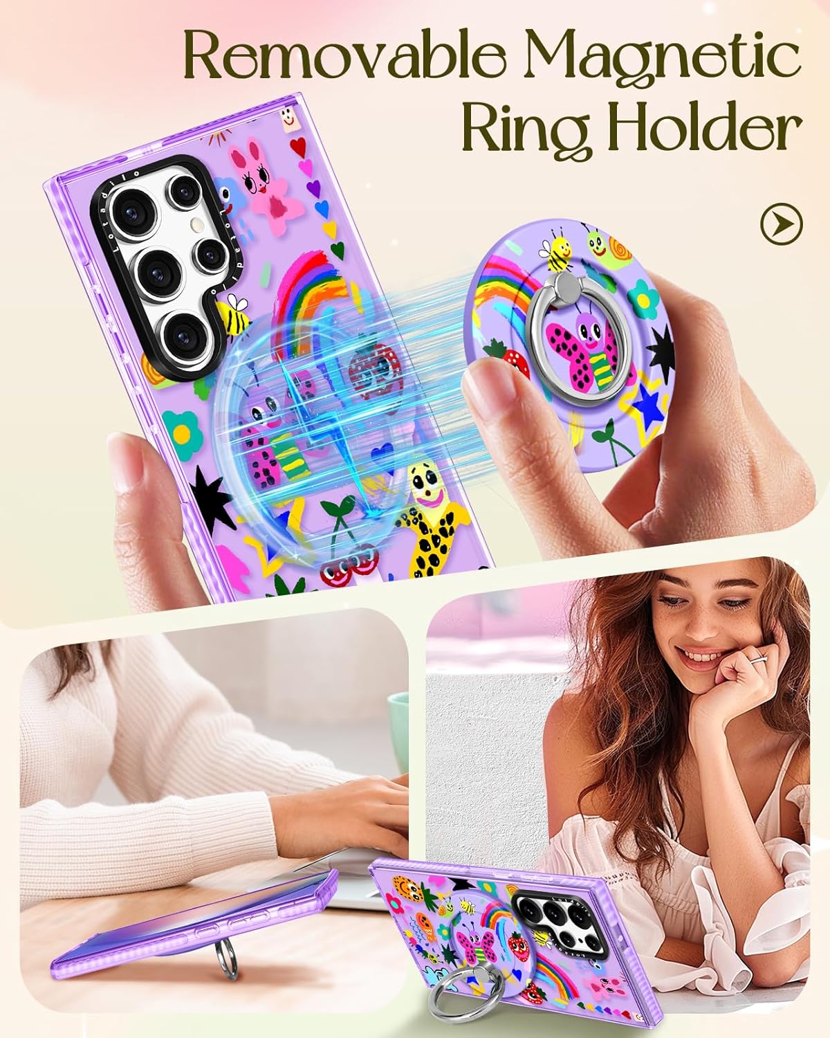 for Samsung Galaxy S23 Ultra Case for Women - Girls Cute Design Compatible with Magsafe Magnetic Ring Holder Stand Art Crayon Painting Phone Covers Aesthetic Girly TPU Funda for S23 Ultra