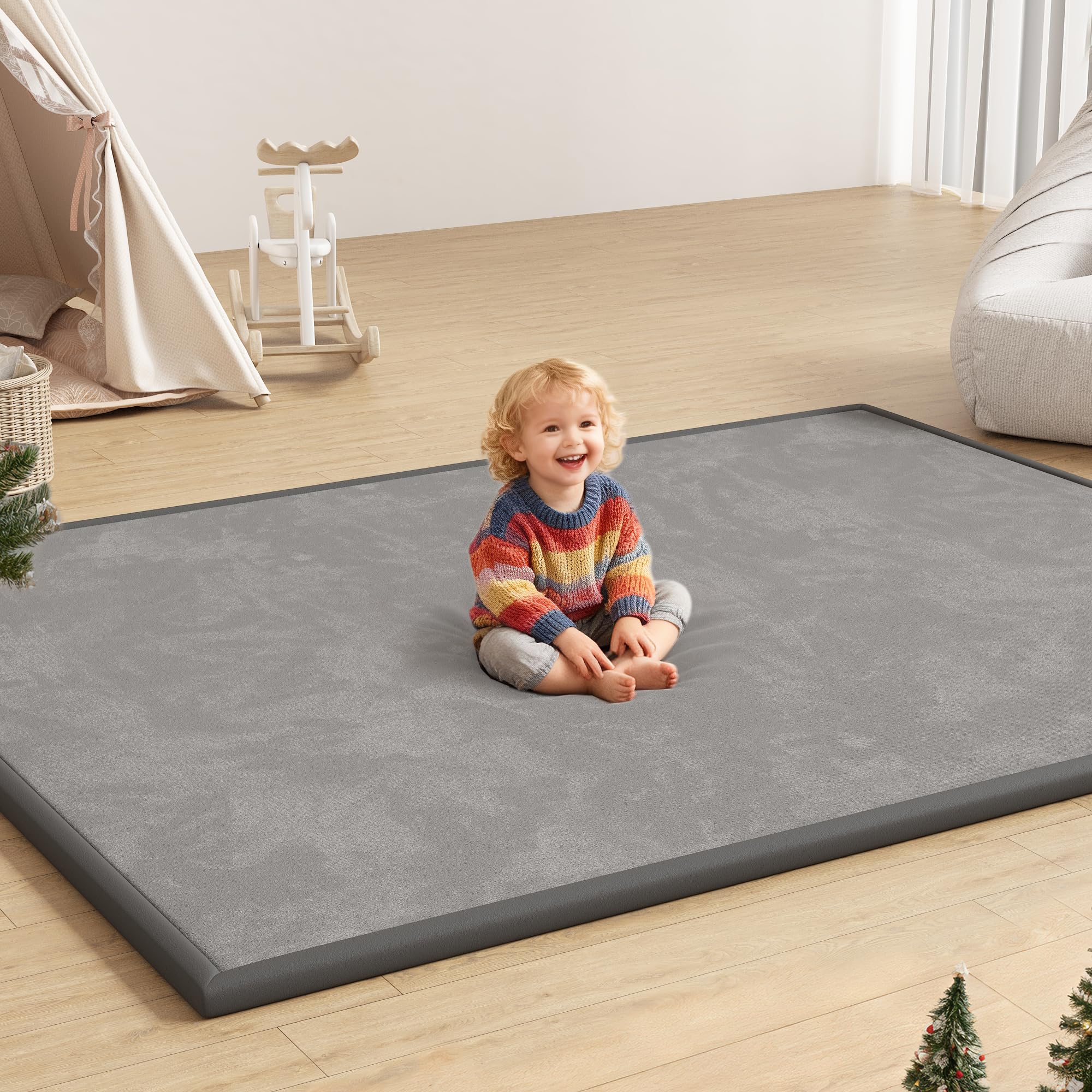 Baby Play Mat for Floor, 1.3'' Thick Memory Foam Tummy Time Mat - Super Soft Coral Velvet Nursery Rug with Non-Slip Backing, Crawling Rug for Toddlers/Infants, Yoga & Tatami Use, 71''x 79'' Dark Grey 71''x79''x1.3''