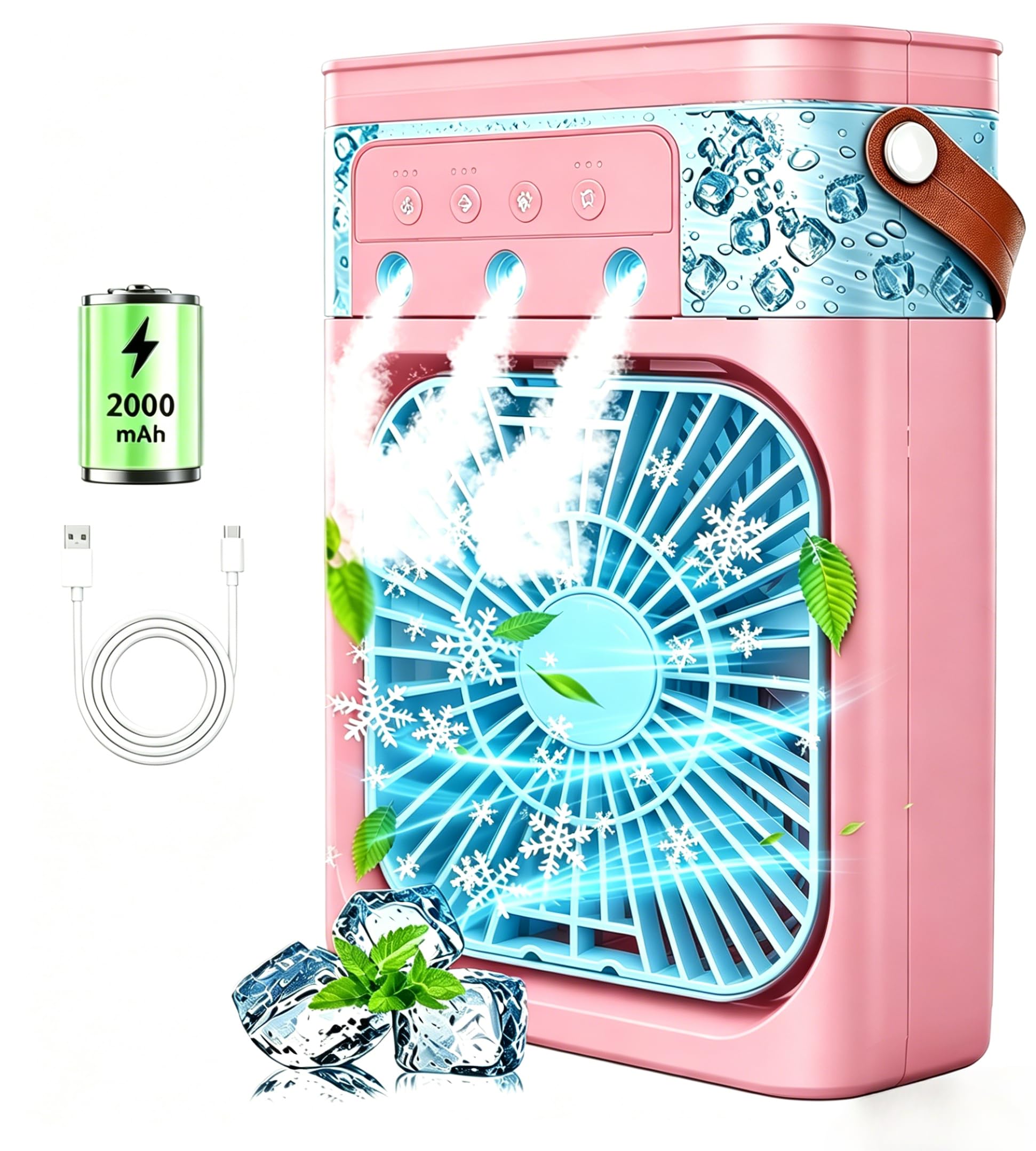 Aires Acondicionados Portátiles, Miniventiladores Enfriadores de Aire Recargables de 2000 mAh, Unidad de Aire Acondicionado Personal Portátil de 500 ML(Rosa Suave)