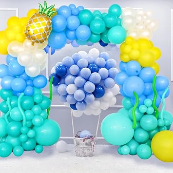 177PCS Cartoon Sponge Balloon Arch Kit, Blue Yellow Balloon for Birthday Decorations, Pineapple Foil Balloon with White Teal Latex Balloons for Boy Girl Birthday Party, Baby Shower Party Supplies