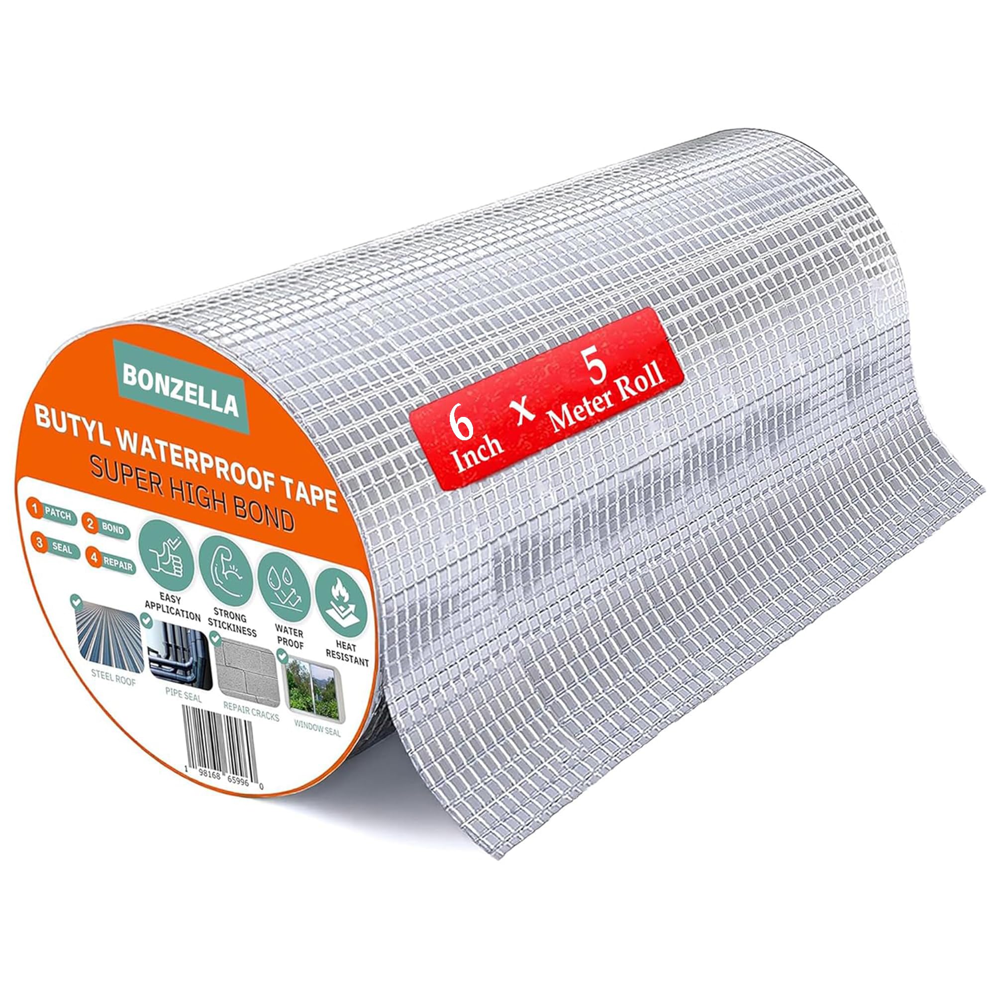 BONZELLA Waterproof Tape for Roof & Pipe Leakage Solution 6inch x 5m Roll,Strong Adhesive Aluminum Foil Tape for Roof Leak, Surface Crack, Window Sill Gap, Boat Sealing, Tank Leak, Silver (6inchx5m)