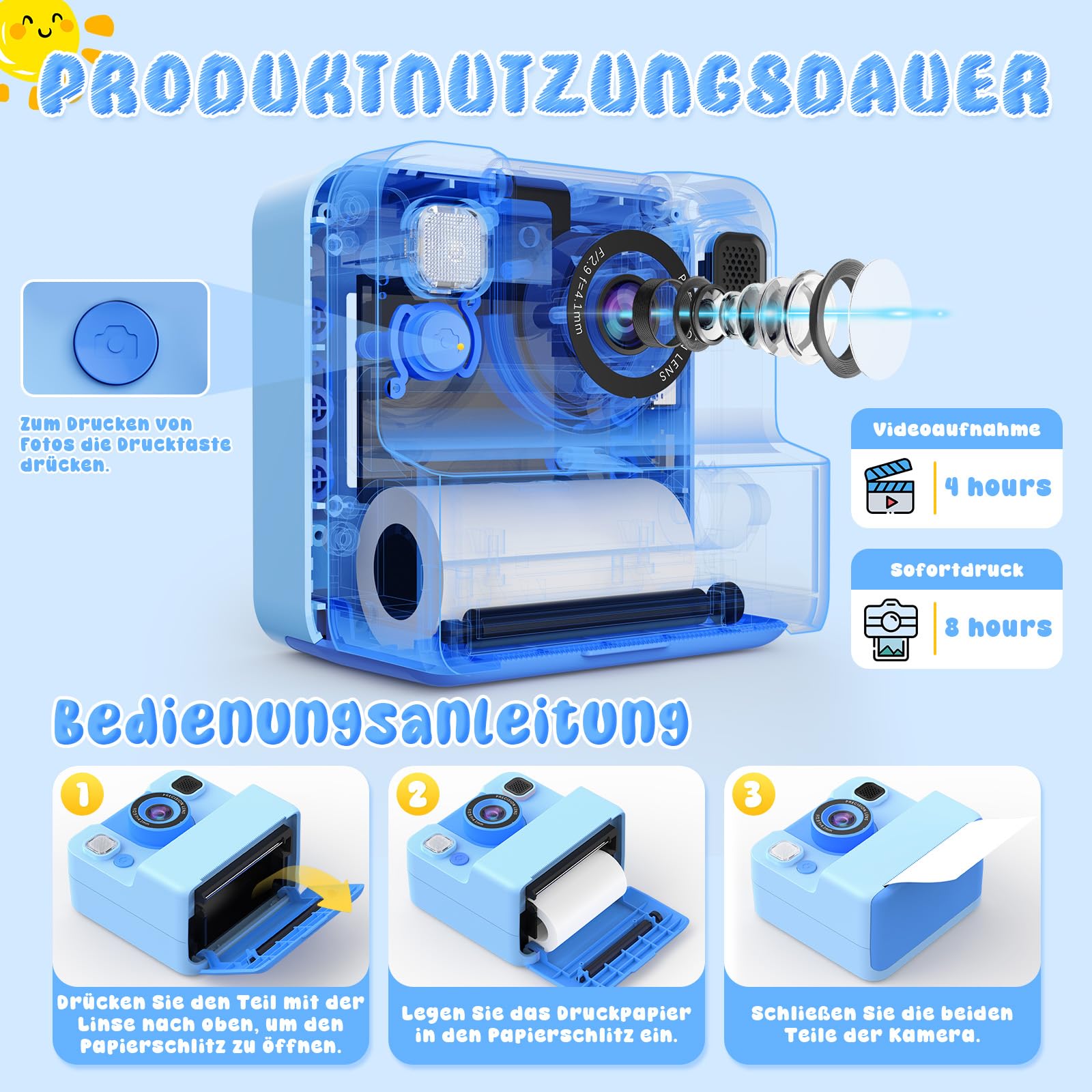 Macchina Fotografica Bambini，2.4" HD 1080P Macchina Fotografica Bambini Istantanea Regalo Bambino 3-10 Anni Maschio Fotocamera Istantanea 32GB Scheda & Papier Photo Regalo Natale (Blu)