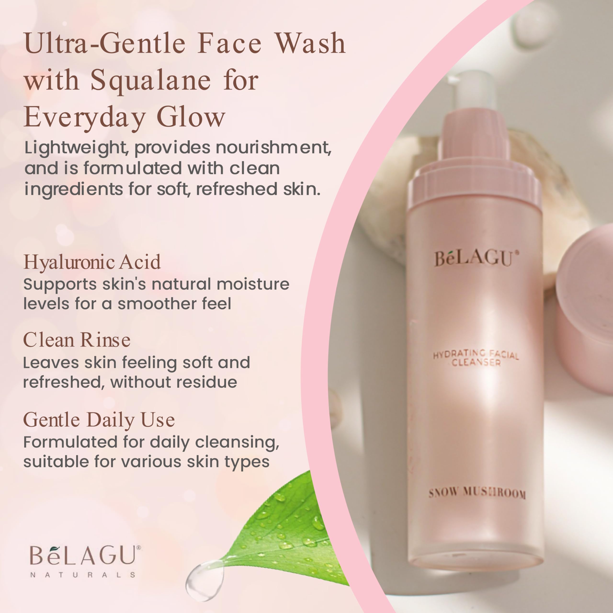 Detergente viso idratante con squalano e funghi della neve, detergente viso delicato per trucco e foglie per pelle morbida e idratata, naturale, vegano (113,4 g)