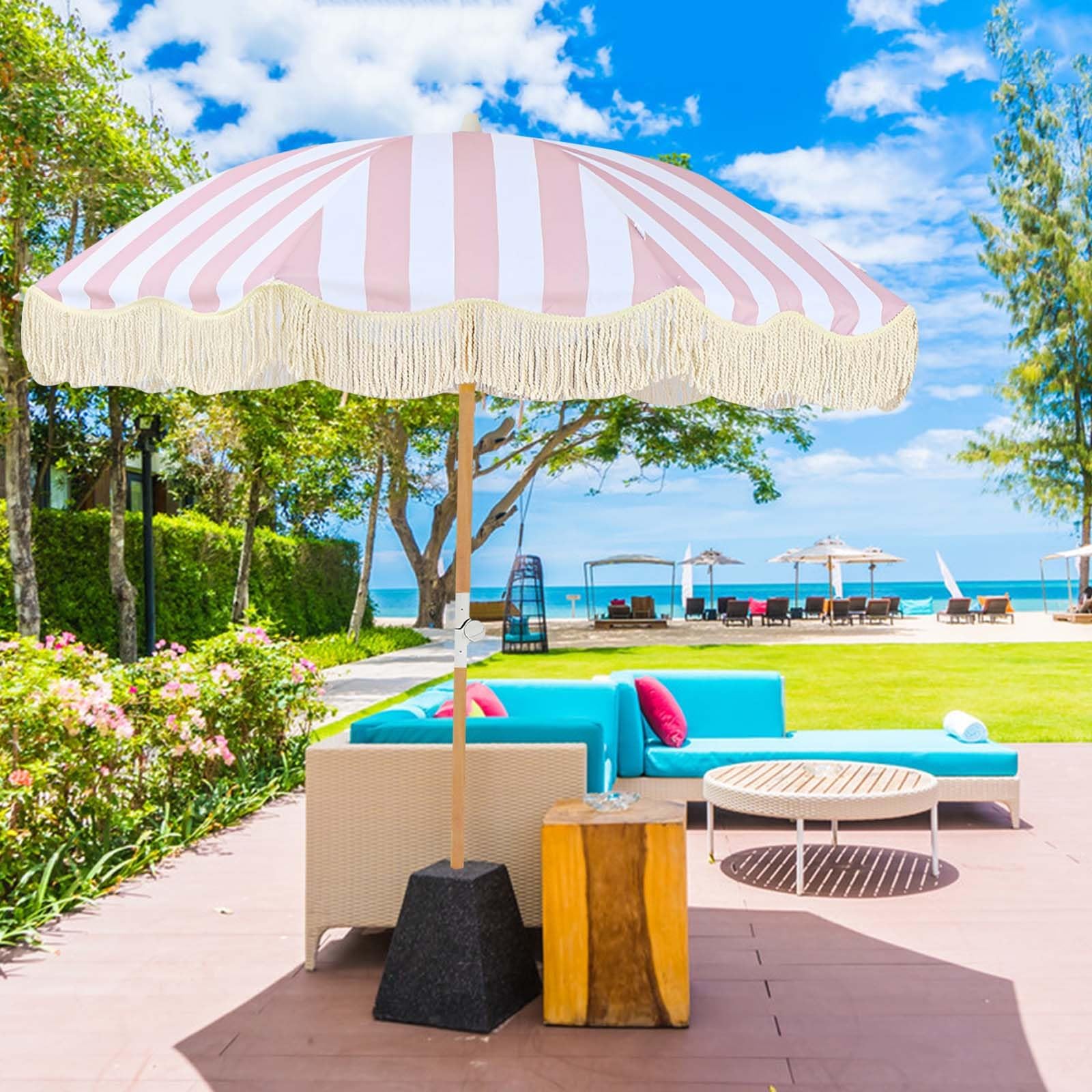 Boho Fringe Patio Umbrella Pink Stripe Beach Umbrellas For Sand UPF 50+ 6ft Outdoor Umbrella Rain Proof Holiday Portable Pool Umbrella With Carry Bag Market Table Umbrella Tilt For Garden Deck