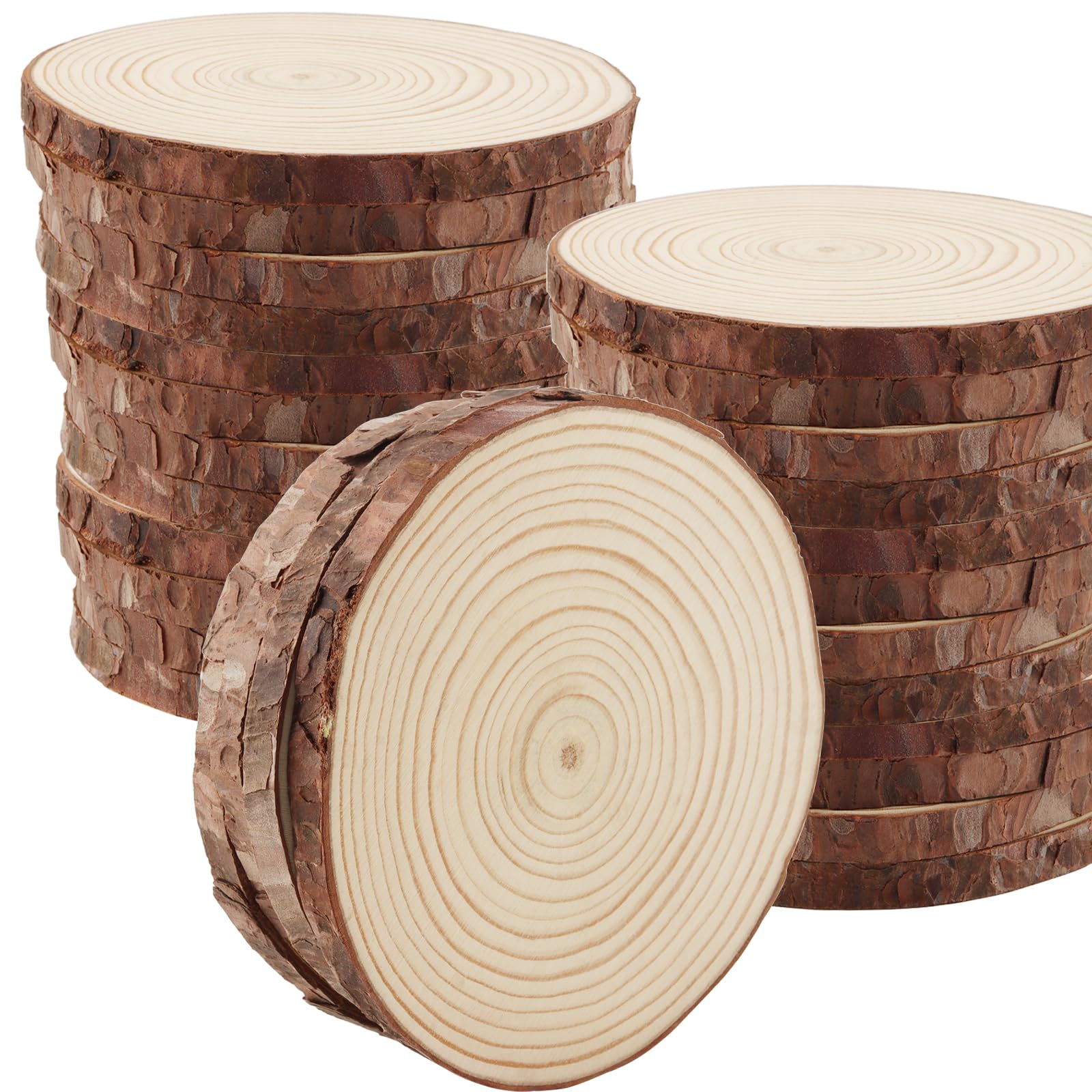 HAKZEON 20 Stück 14–16 cm natürliche Holzscheiben, 1 cm dick, unlackierte Holzkreise, runde Holzscheiben für Bastelarbeiten, Hochzeitsdekorationen, Weihnachten, Heimdekoration, 14–16 cm Durchmesser