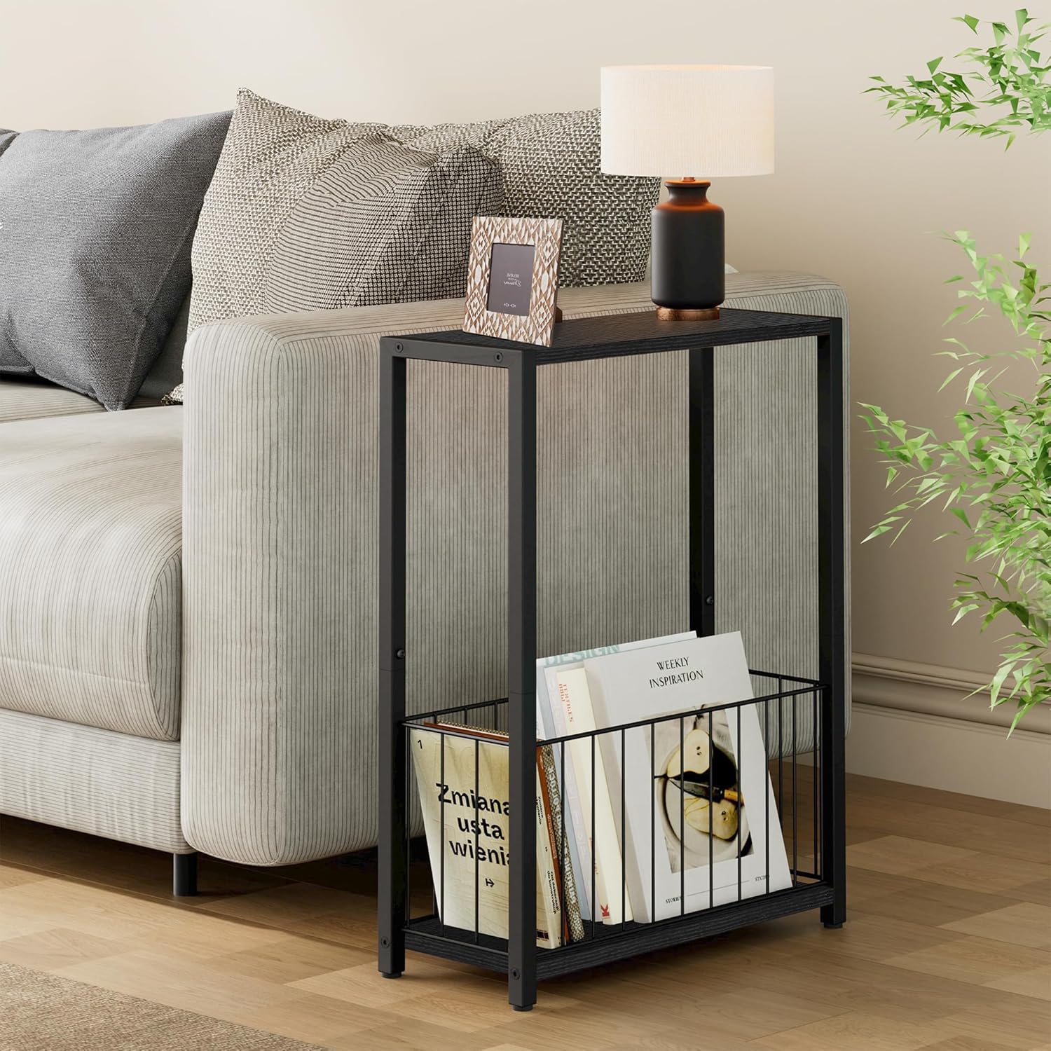 Narrow Side Table with Magazine Holder, Skinny End Table Perfect for Small Spaces, Space-Saving Design for Living Room, Bedroom, or Office, 7.1