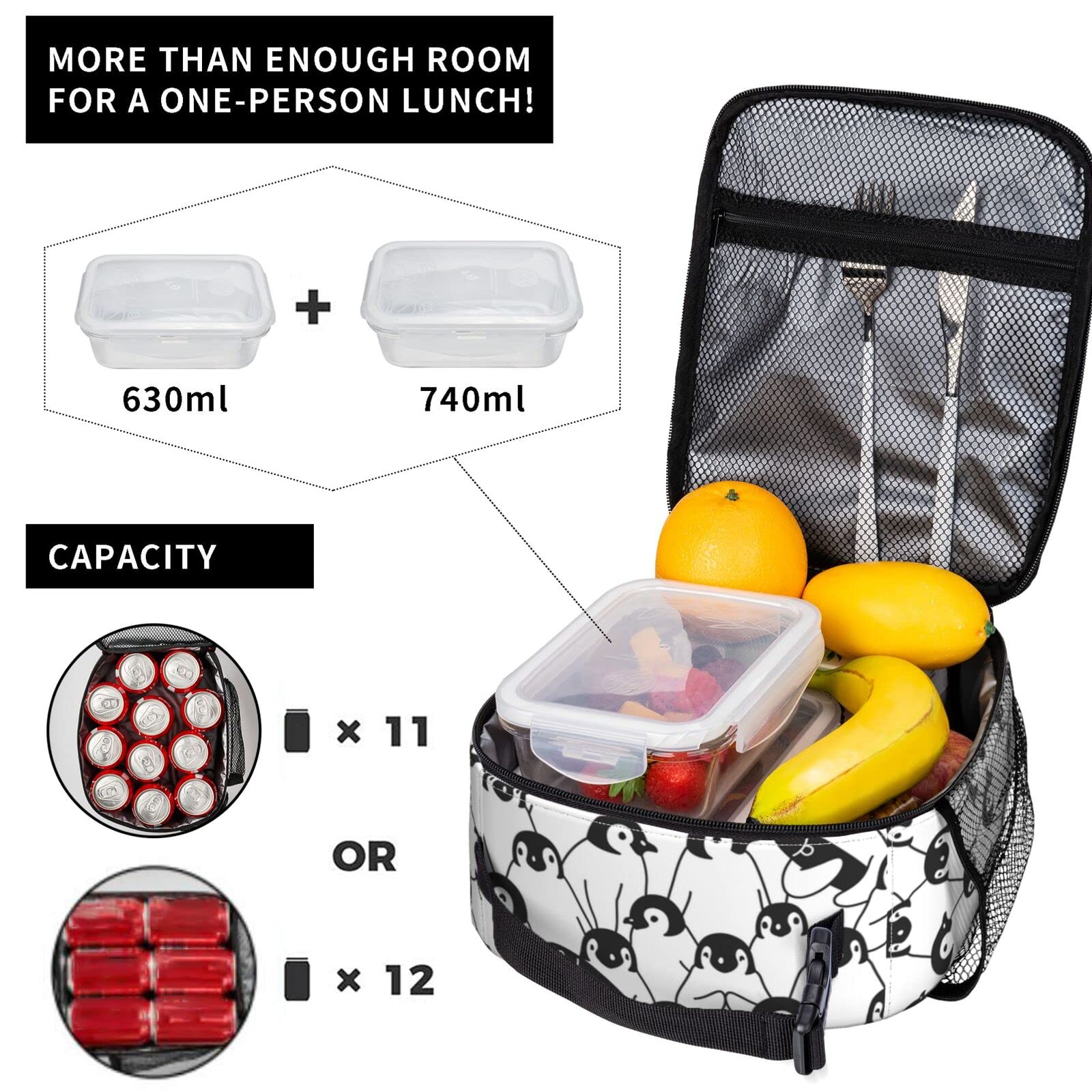 Borsa Termica Per Pranzo DOFFO Con Stampa Pinguini – 21x11x26 Cm – Isolata, Impermeabile, Portatile Per Ufficio E Picnic - 4