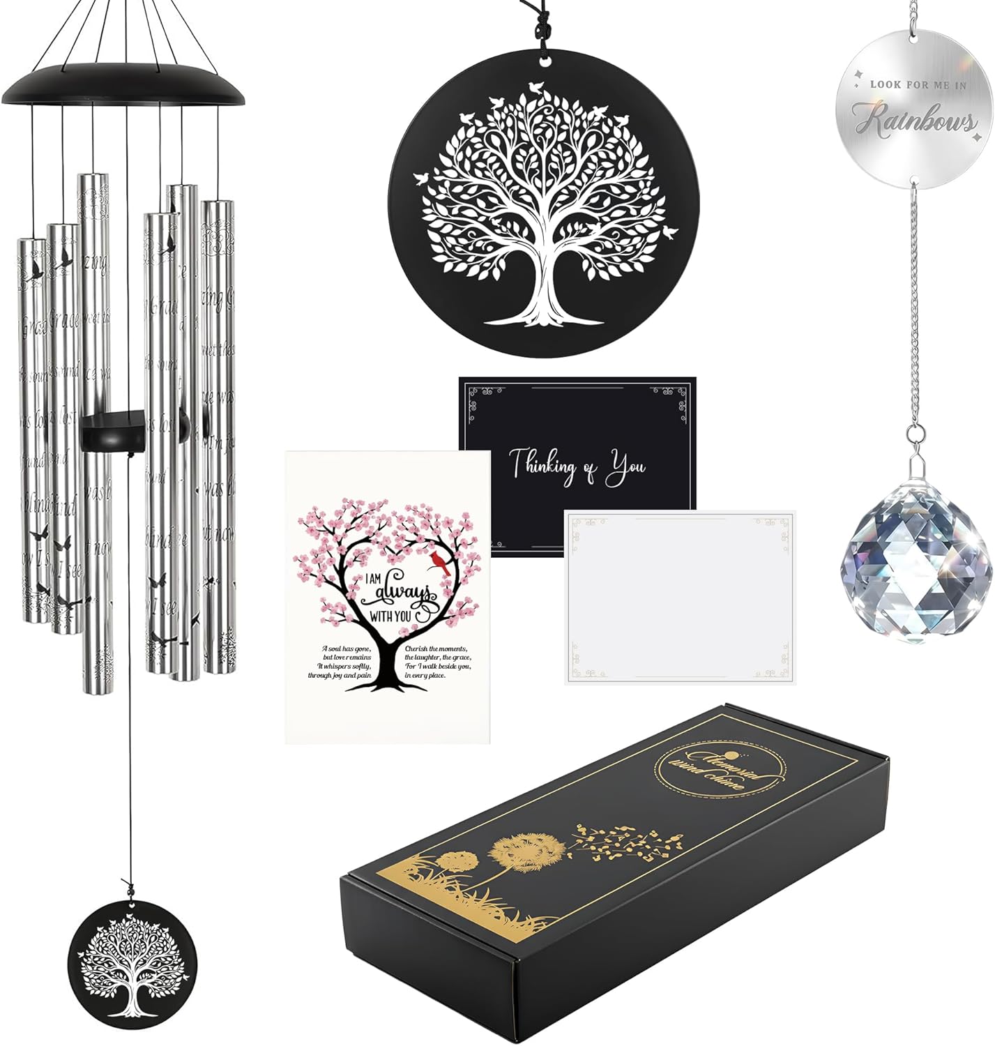 Memorial Wind Chimes with Suncatcher, Sympathy Gifts Wind Chime for Loss of Loved One, 40" Sympathy Wind Chime with 6 Anodized Aluminum Tubes Tuned for A Soothing Melody
