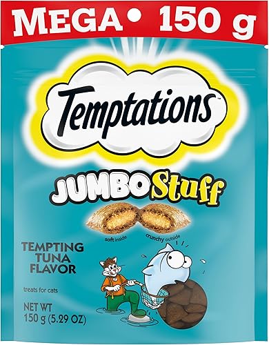 TEMPTATIONS Jumbo Stuff - Golosinas crujientes y suaves para gatos, sabor tentador de atún, (10) bolsas de 5.3 onzas