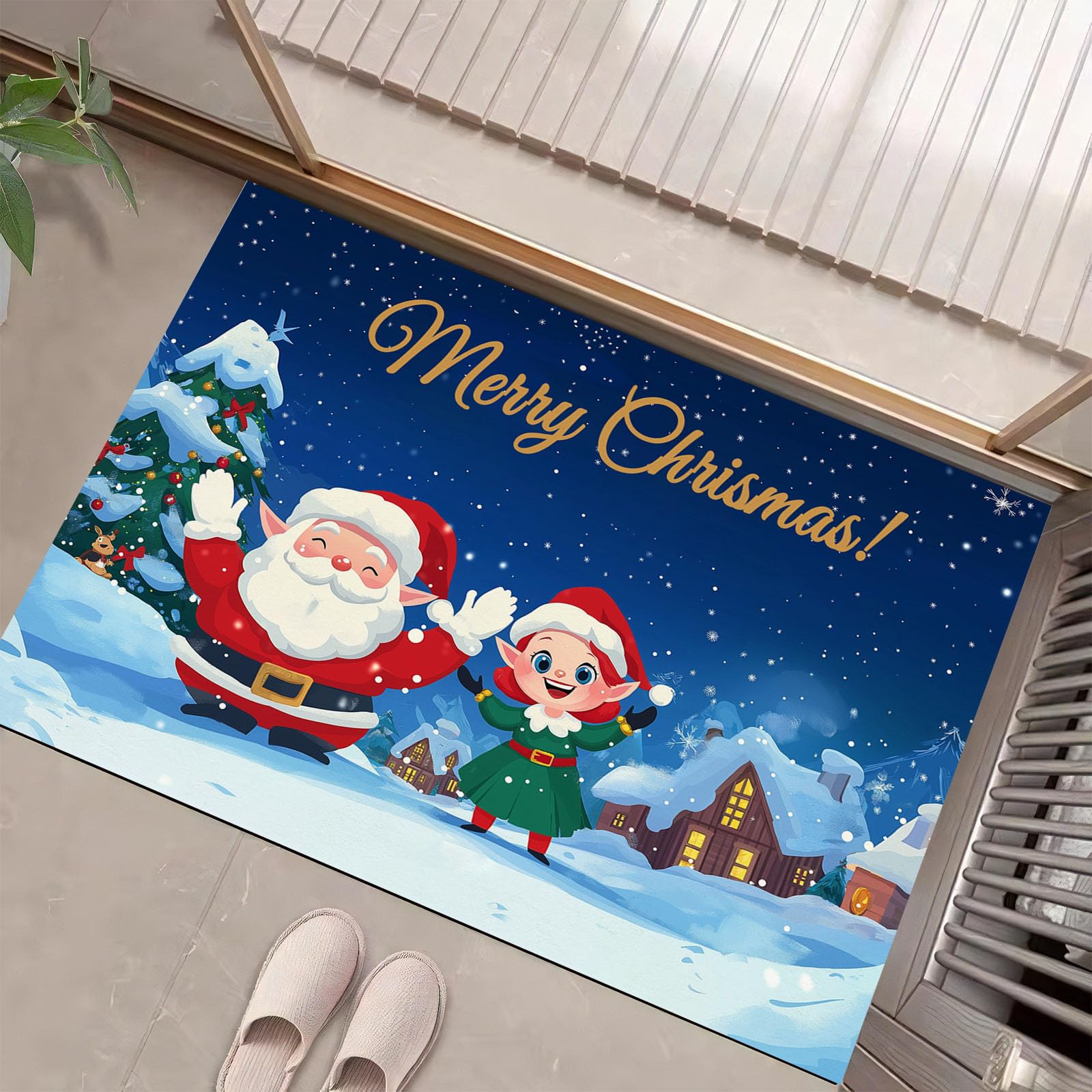 Felpudo Adorables Elfos Navideños Lavable, Alfombra Pequeña Pueblo De Dibujos Animados De 80X120Cm, Tapetes De Puerta Suaves Para Entrada, Alfombras De Entrada Antideslizantes Azul Marino De Pelo Bajo