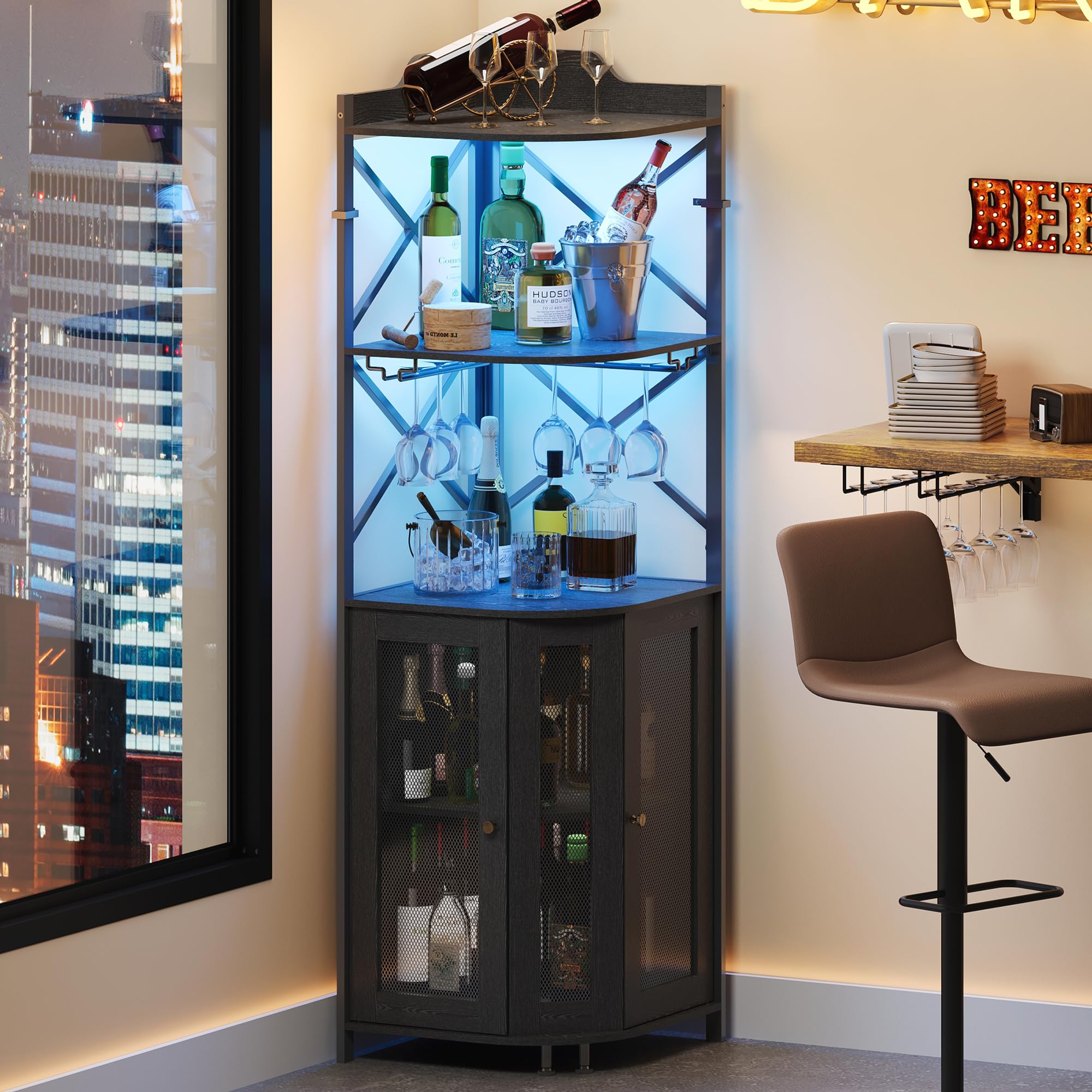 JKsmart Corner Bar Cabinet with LED Lights, 5-Tier Industrial Wine Bar Cabinet with Glass Holder, Farmhouse Liquor Cabinets with Shelf and Door, Home Bar for Coffee Bars, Black