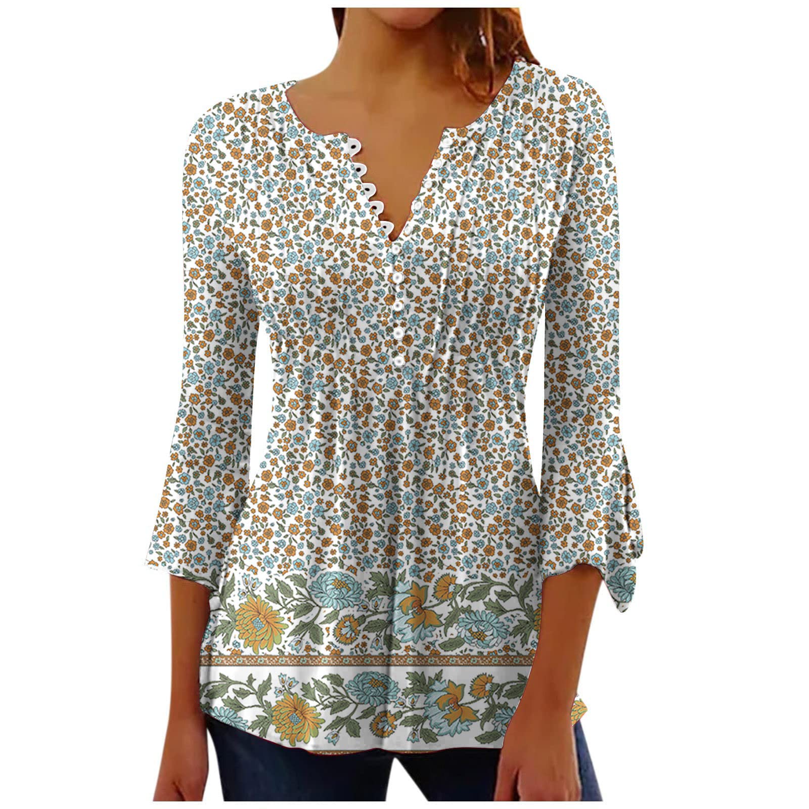 FITORON Women's 3/4 Sleeve V-Neck Graphic Print Button Down Blouse
