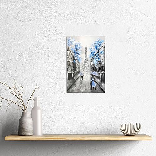 Miniatura 6 de YPY Arte de Pared en Lienzo Floral Azul de París Imagen de Flor Azul Torre Eiffel Gris para Decoración de Baño, Pintura Texturizada de Paisaje
