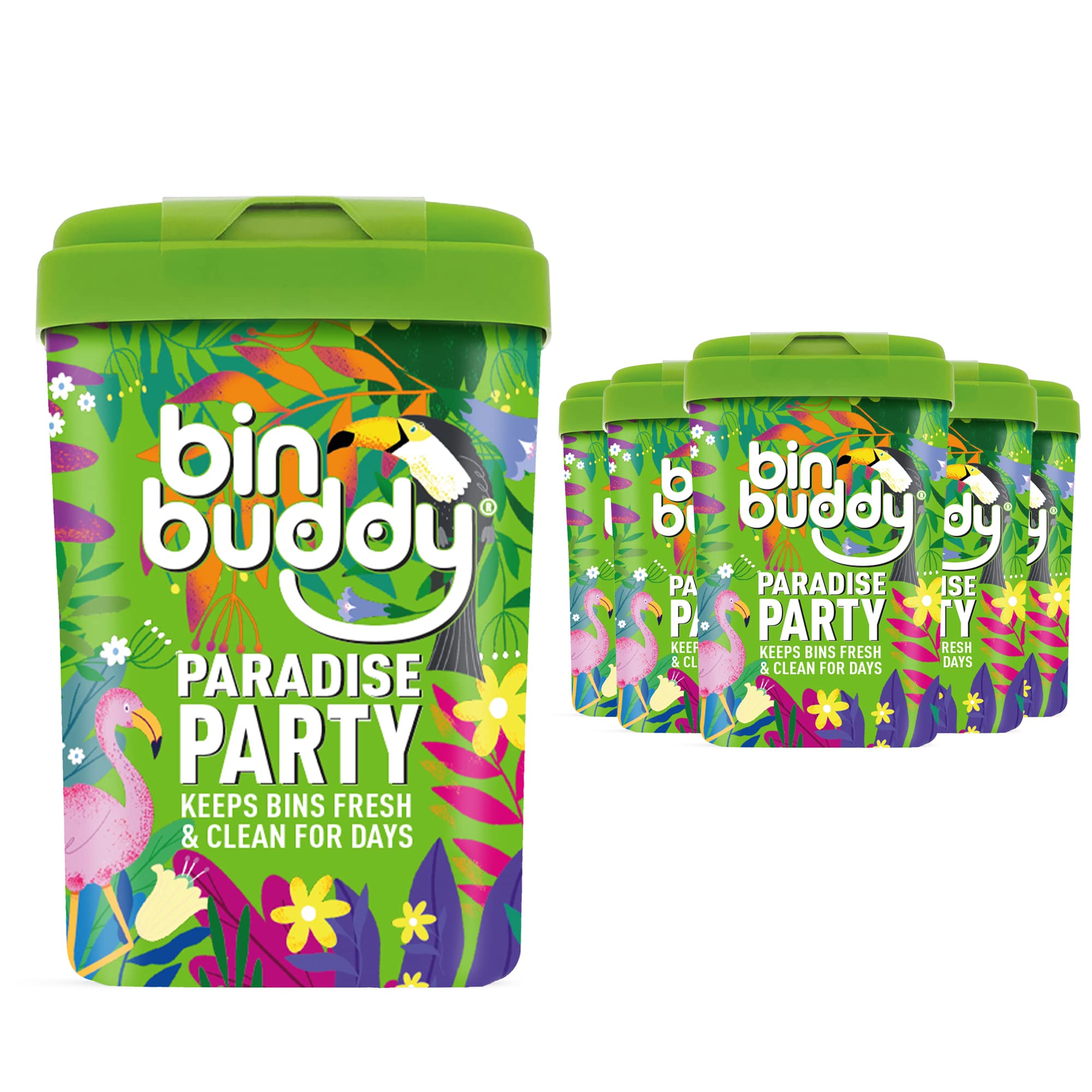 Bin Buddy Paradise Party Limited Edition Bin Freshener Powder 450g, Pack of 6, Leaves Your Bin Smelling Great, Suitable for Indoor Kitchen, Bathroom and Food Waste Bins and Outdoor Wheelie Bins