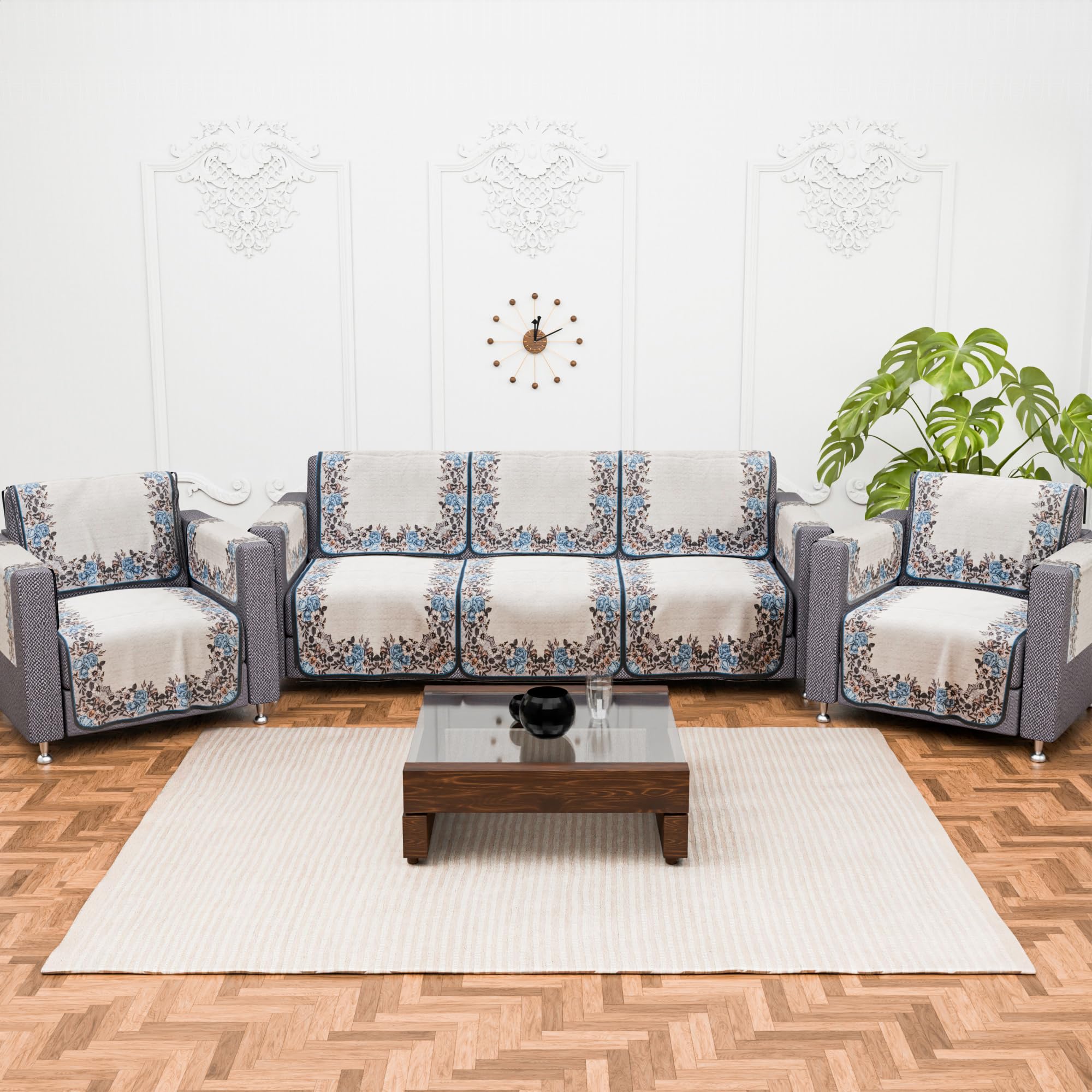 Kuber Industries (Set of 16) Stylish & Durable Cotton Sofa Covers 5 Seater with Arms | Washable Sofa Protector & Slipcover for Living Room & Office | Gulab Border - Cream & Blue