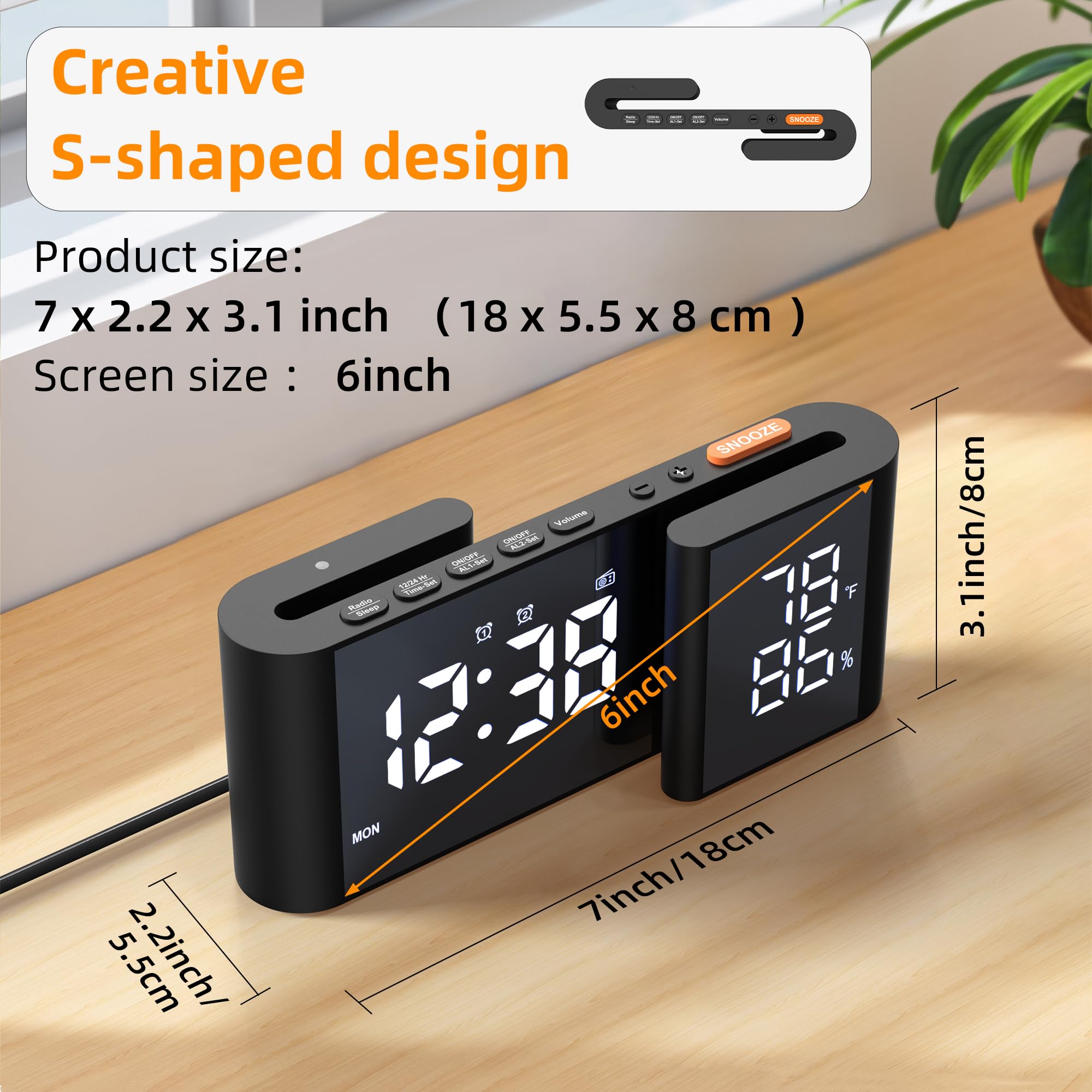 Réveil Numérique Horloge Radio avec Affichage Température et de l'humidité 15 Niveaux Volume Luminosité Réglable Noir-Blanc