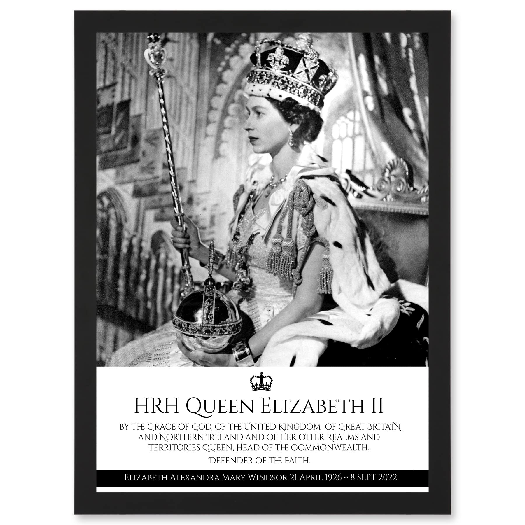 Artery8 Queen Elizabeth Portrait Hrh Queen Elizabeth Ii Coronation Portrait Commemorative Artwork Framed Wall Art Print A4
