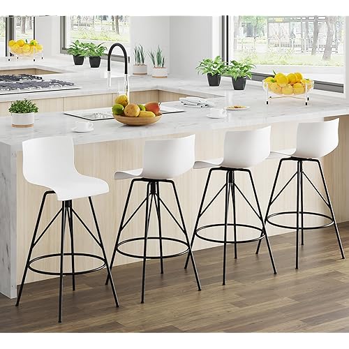 Awonde White Swivel Bar Stools Set of 4 Bar Height Barstools with Backs Modern Bar Chairs 30" Plastic Seat Metal Legs
