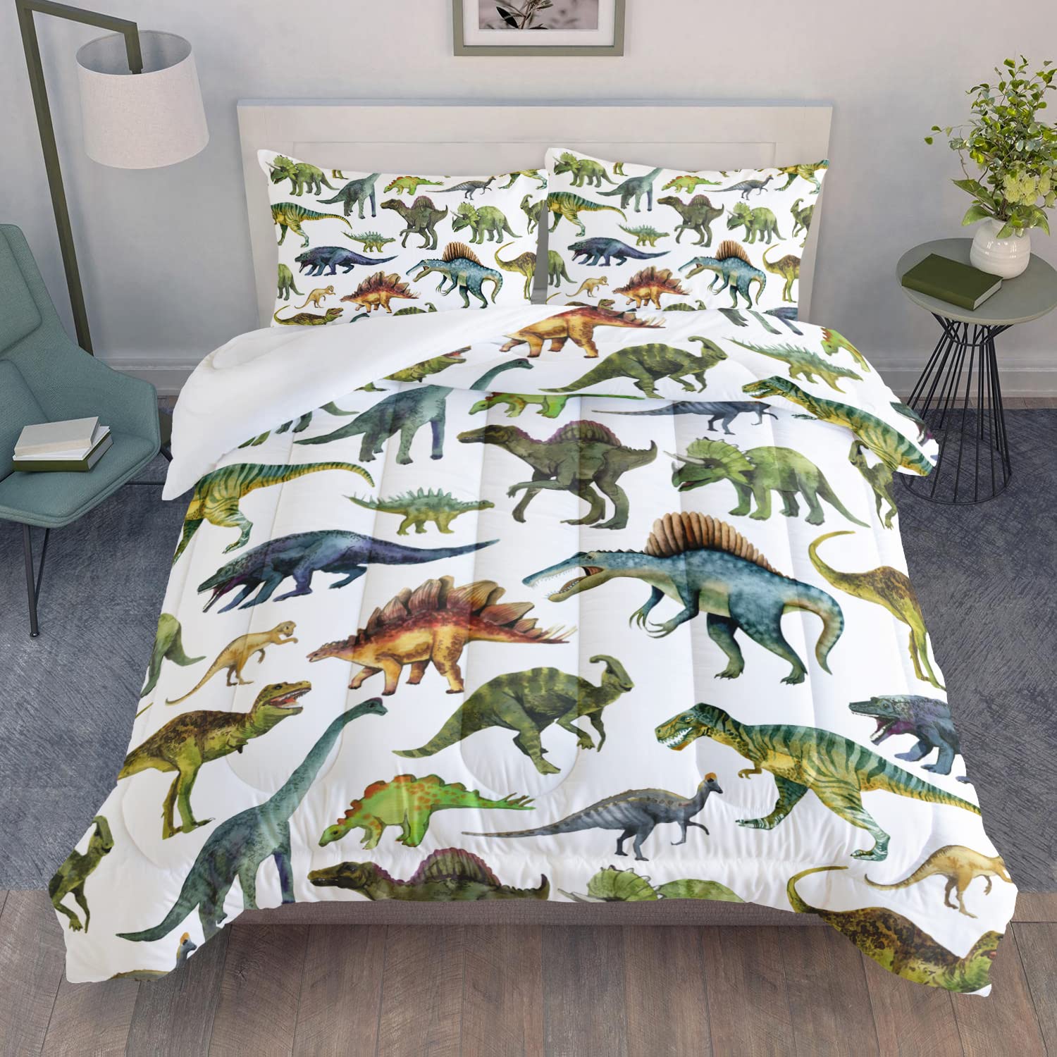 AILONEN Cartoon Dinosaur Print Bedding Set Queen Size Hand Drawn Green Dinosaurs White Tint Comforter Set for Kids Teens Boys Girls Soft Breathable Duvet Set 3 Pieces, 1 Comforter and 2 Pillowcases