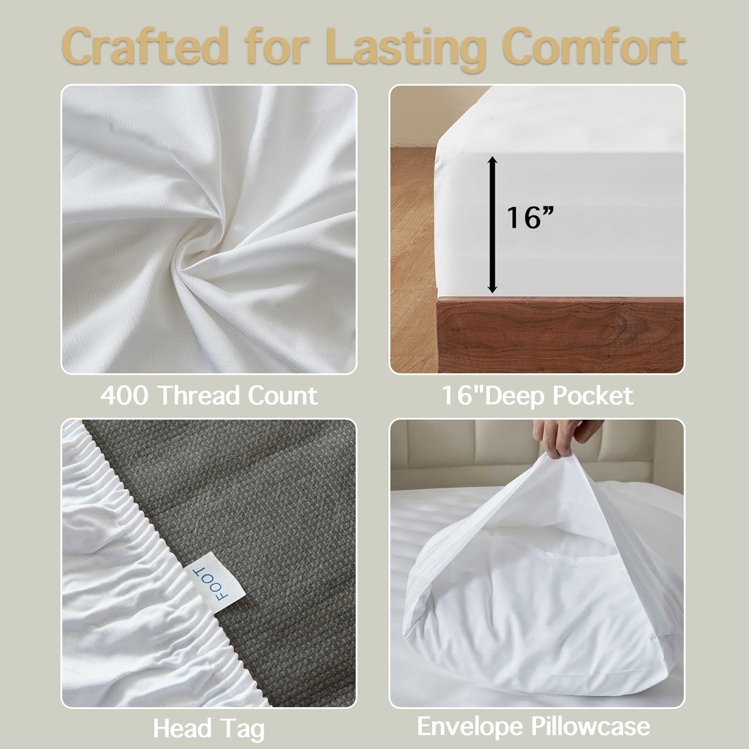 100% Viscose from Bamboo Sheets Set Queen Size, Cooling & Anti-Pilling 4-Piece Bed Sheets Set for Hot Sleepers, 16 inch Deep Pocket, Luxury Soft Breathable, 400 TC, White - Image 6