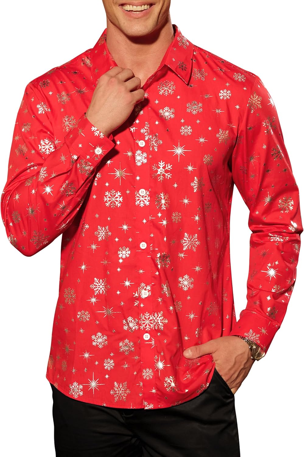 Mainfini Men's Christmas Button Shirt Gilding Snowflake Shiny Graphic Cotton Dress Shirts (S-3XL)