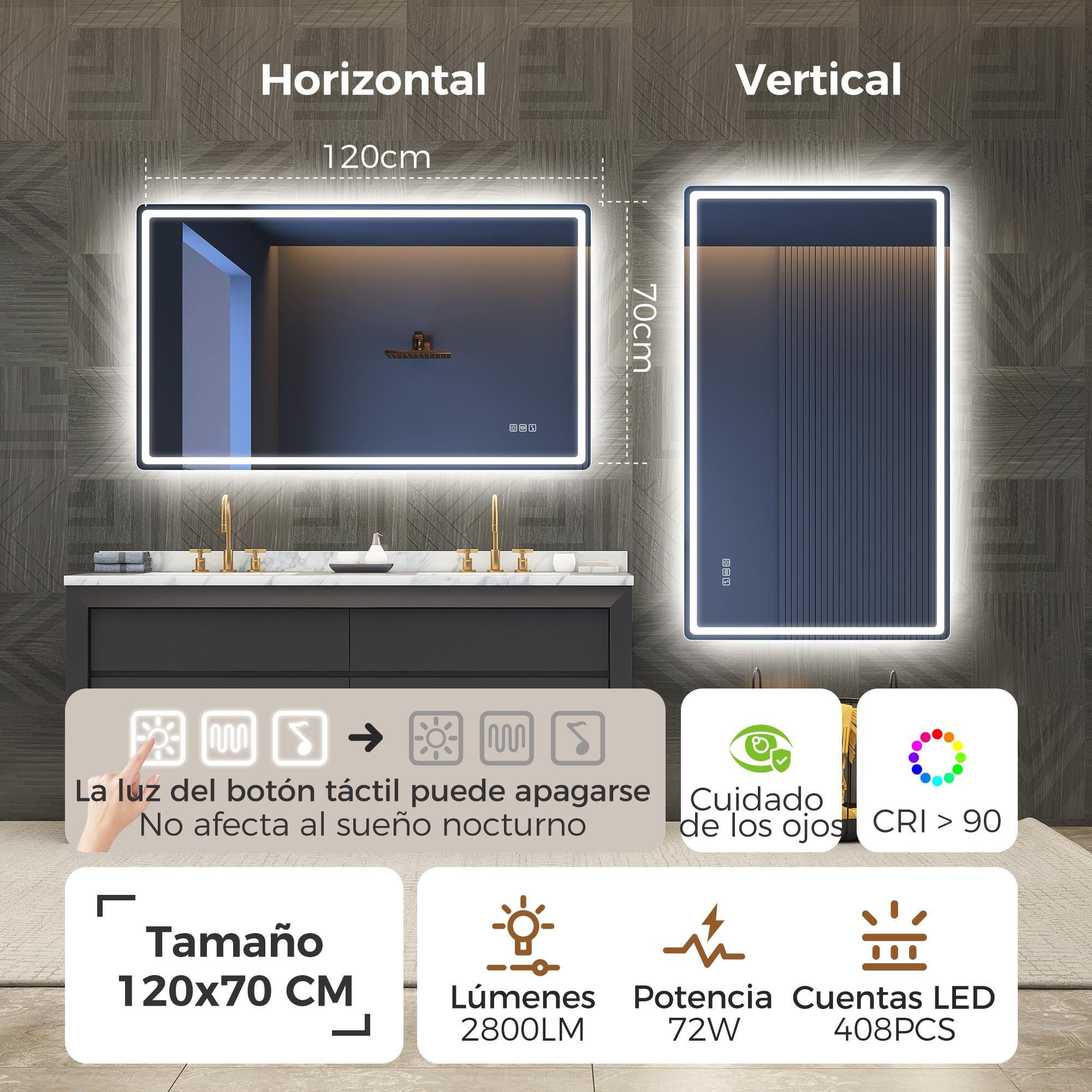 STARLEAD Lustro łazienkowe z oświetleniem, 120 x 70 cm, duże lustro łazienkowe z funkcją detekcji, Bluetooth, możliwość ściemniania, 3 temperatury barwowe, funkcja pamięci, szkło hartowane IP44,