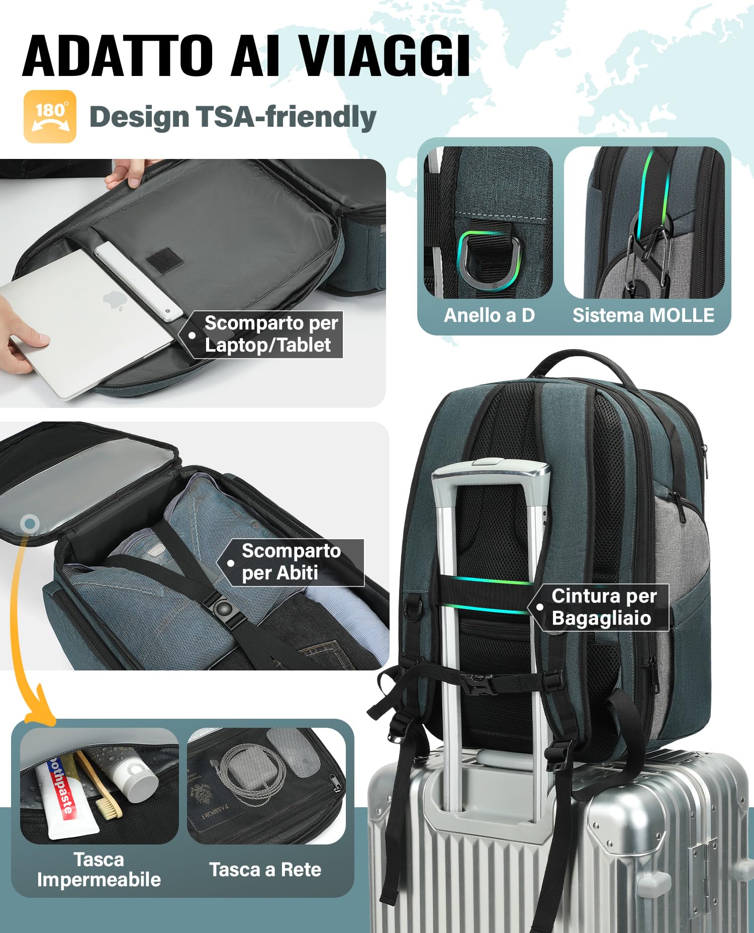 VANKEV Zaino da Viaggio Espandibile Bagaglio a Mano per EasyJet Borsa PC | 30L-38L, Grande Capacità, Zaino Leggero per PC 17 Pollici, Borsa da Viaggio Casual per Uomo e Donna, Blu Ardesia Quantistica