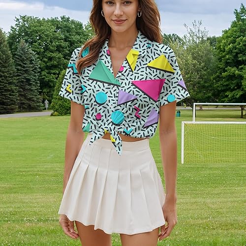 Miniatura 3 de HUGLAZY Traje de los años 80 para mujer, camisa hawaiana de manga corta neón para fiesta, disfraz retro de los años 90, blusa