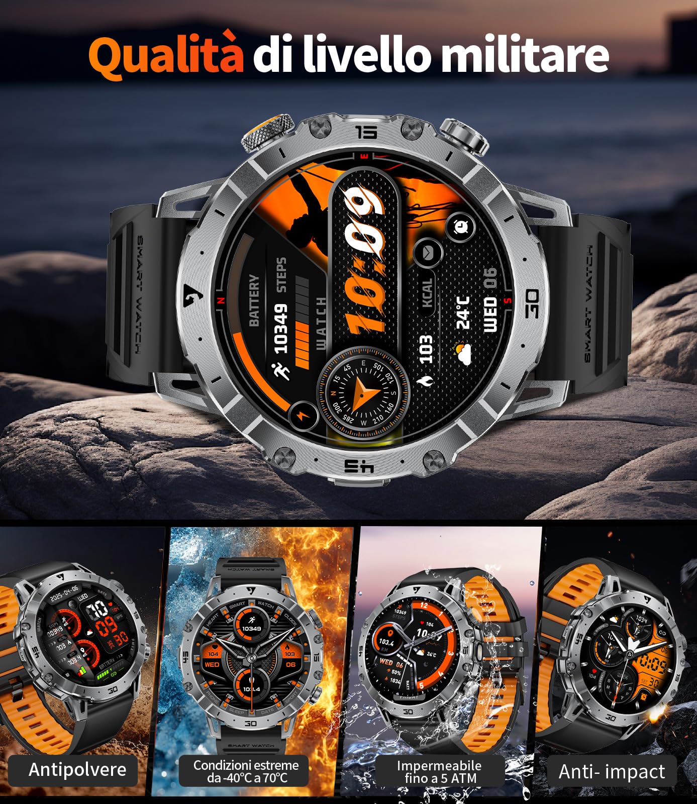 1000mAh Batteria Smartwatch Uomo Militare, 1.7'' Orologio Smart Watch con Chiamata Bluetooth, Torcia LED Orologio Fitness, 100+ Modalità Sportive, 24H Cardiofrequenzimetro Sonno, IP68 per Android iOS