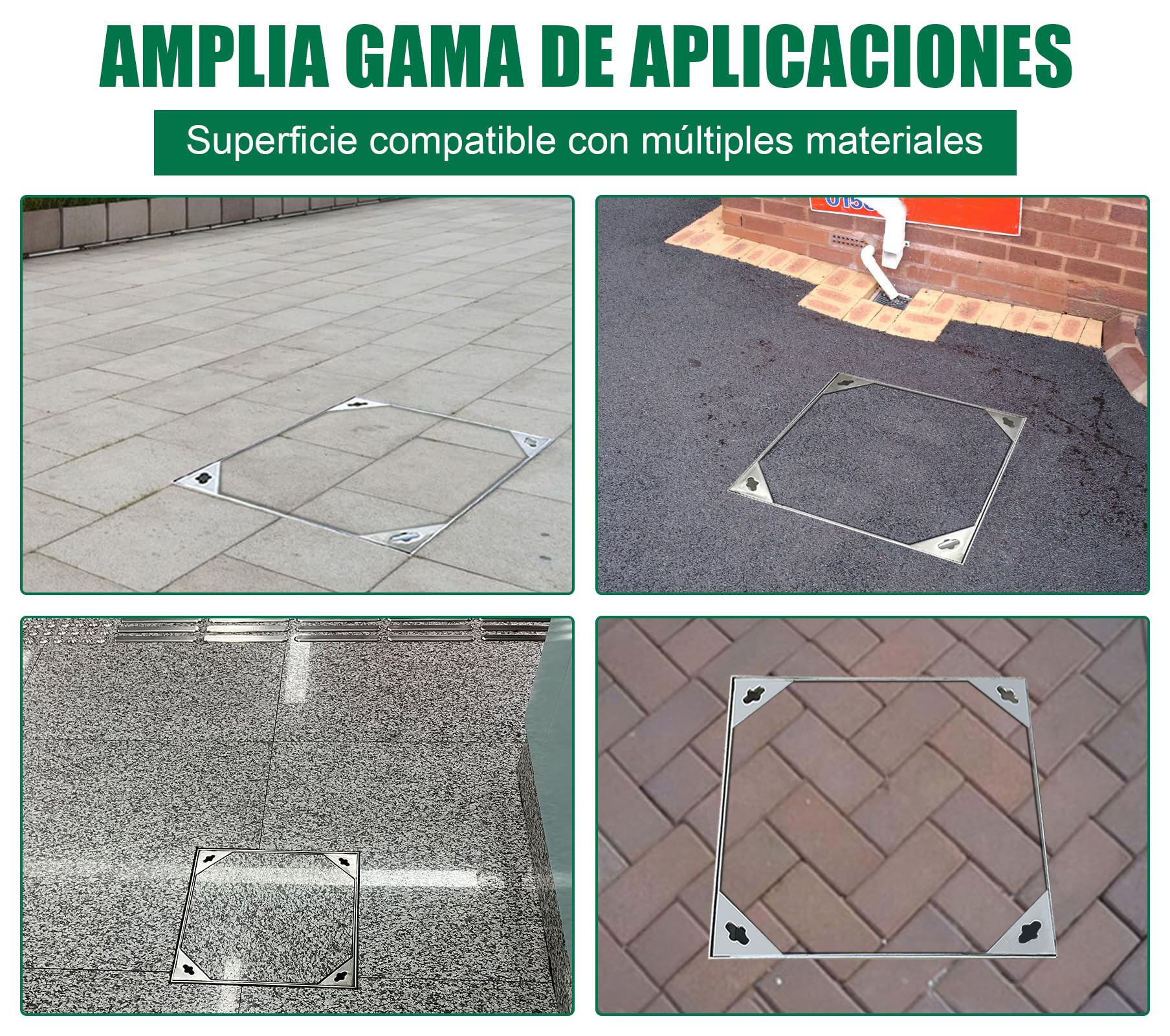 Tapa de alcantarilla 300 x 300 mm, acero inoxidable, empotrada con base cuadrada, tapa de inspección, invisible, para interiores y exteriores