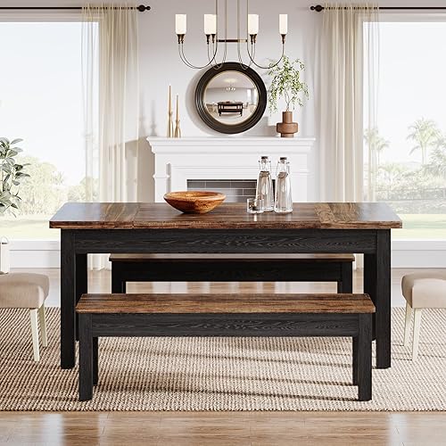 Miniatura 5 de Tribesigns Juego de mesa de cocina de granja para mesa de comedor de madera de 4 a 6 pulgadas, 55 pulgadas con 2 bancos, ahorro de espacio, 3 piezas