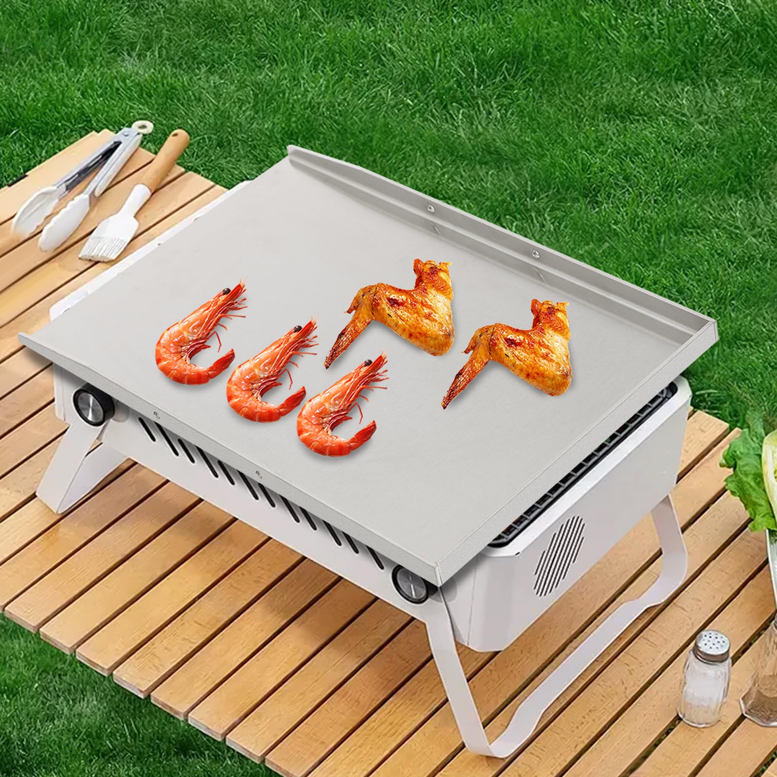 Grillplatte aus Edelstahl, Grill Plate Universal BBQ Grill Tray mit 2 Praktische Griffe, für den Einsatz beim Grillen Camping Wandern Party, Silber (49x32.5cm)