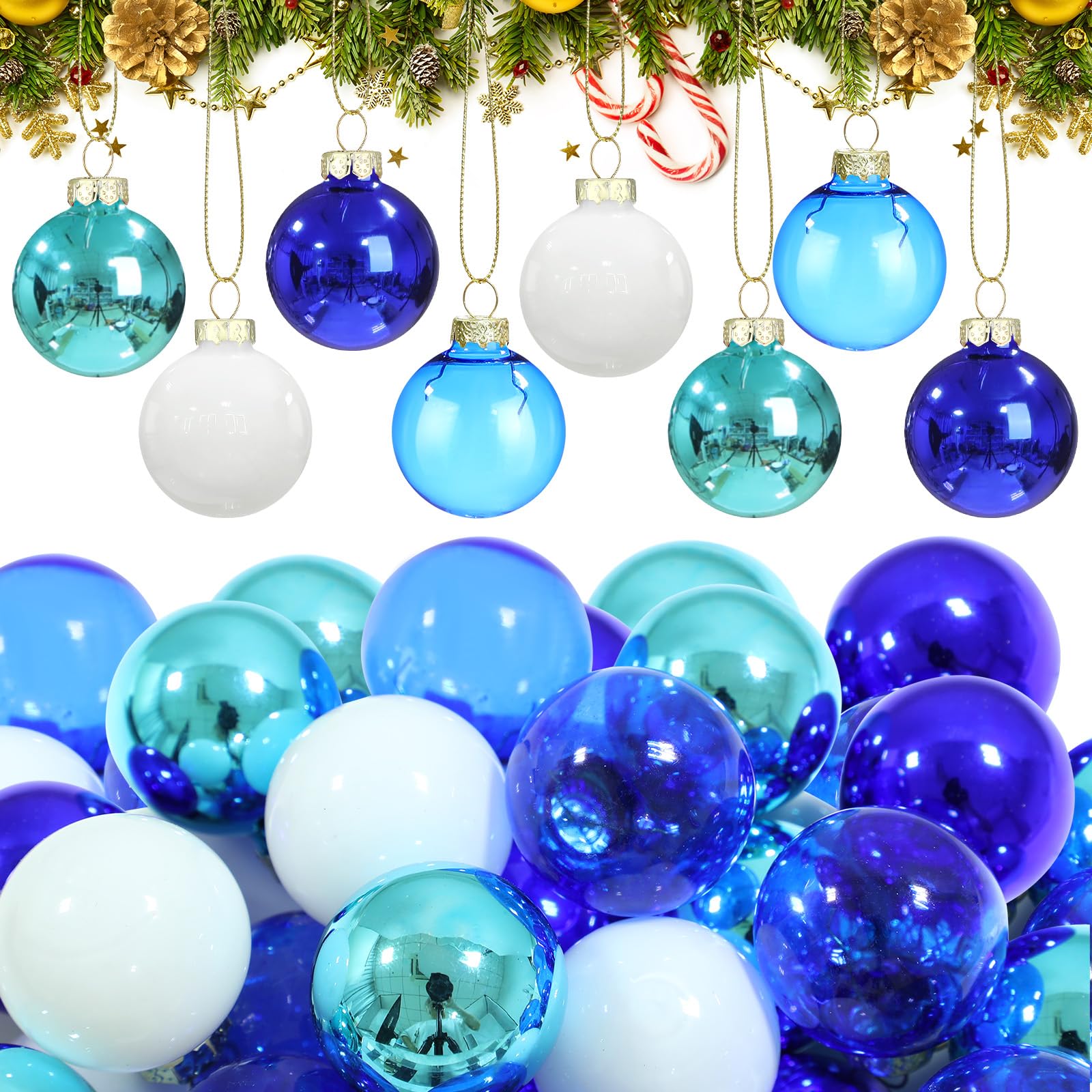 Tioncy 32 Pcs 1'' Mini Glass Christmas Ornament, Multi Blue White Balls