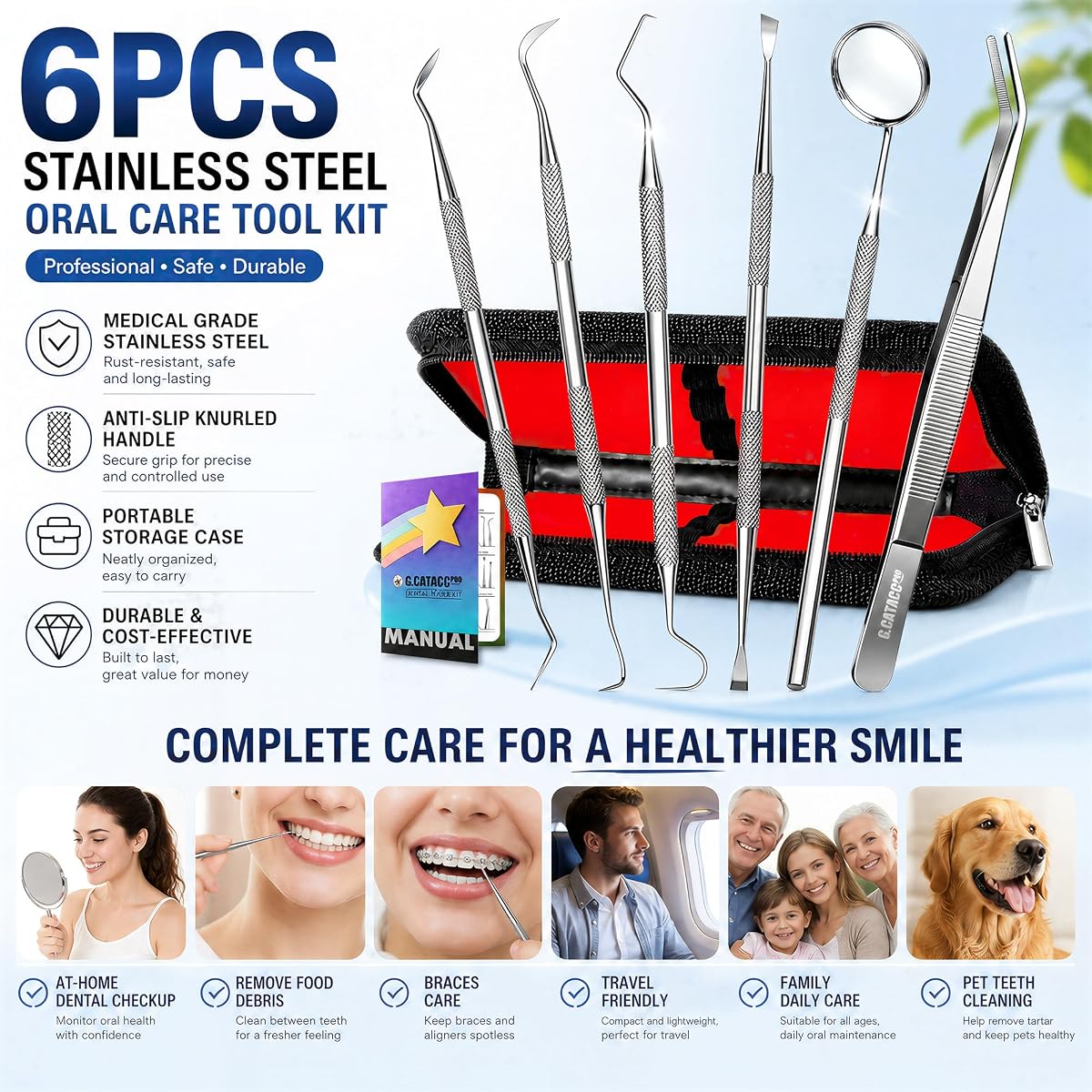G.CATACC Dental Pick Tools, Plaque Tartar Remover Teeth Cleaning Kit 6 Pack Dental Tools With Black Case image 1