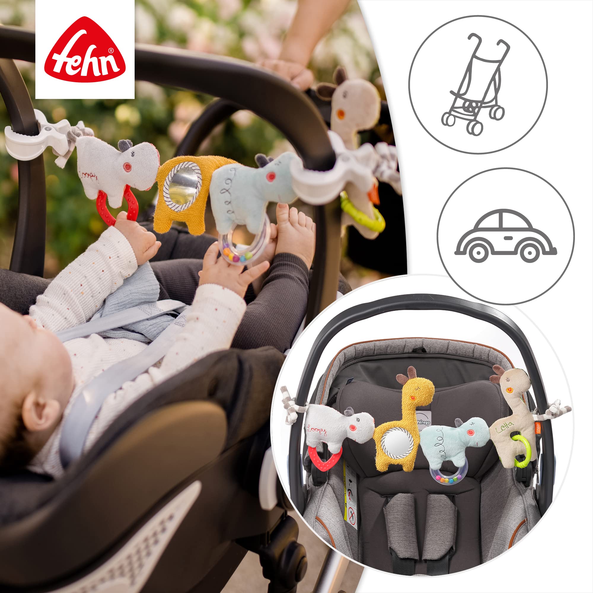 Fehn Loopy y Lotta 059137 - Cadena para cochecito, cadena móvil con simpáticas figuras colgantes para colgar de forma flexible, para bebés y niños pequeños a partir de 0 meses, longitud: 45 cm