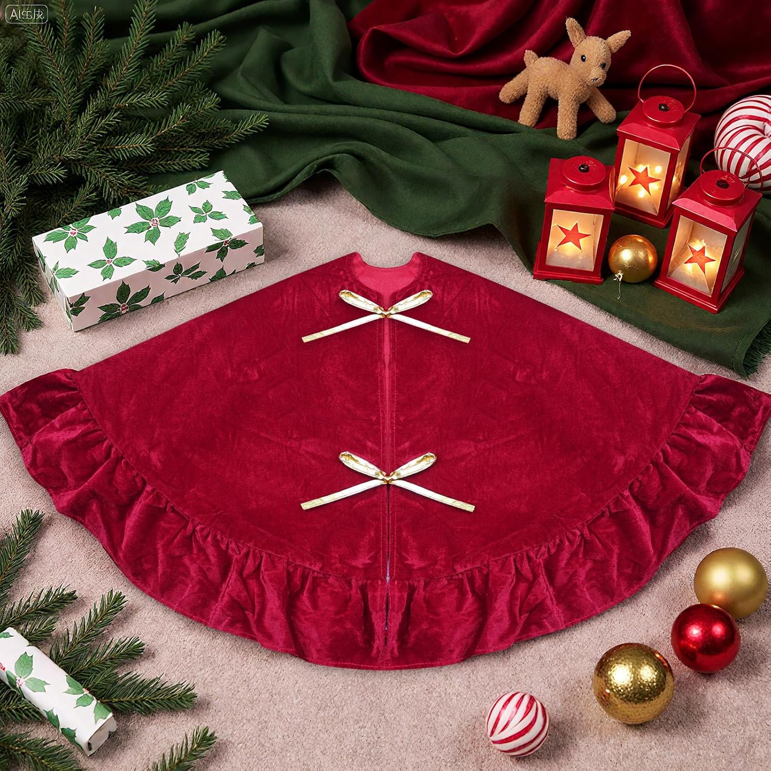 48 Inches Velvet Christmas Tree Skirt Decorations Red Wine Luxury Xmas Fur Plush Skirts for Merry Christmas Party Rustic Vintage Holiday Home Winter