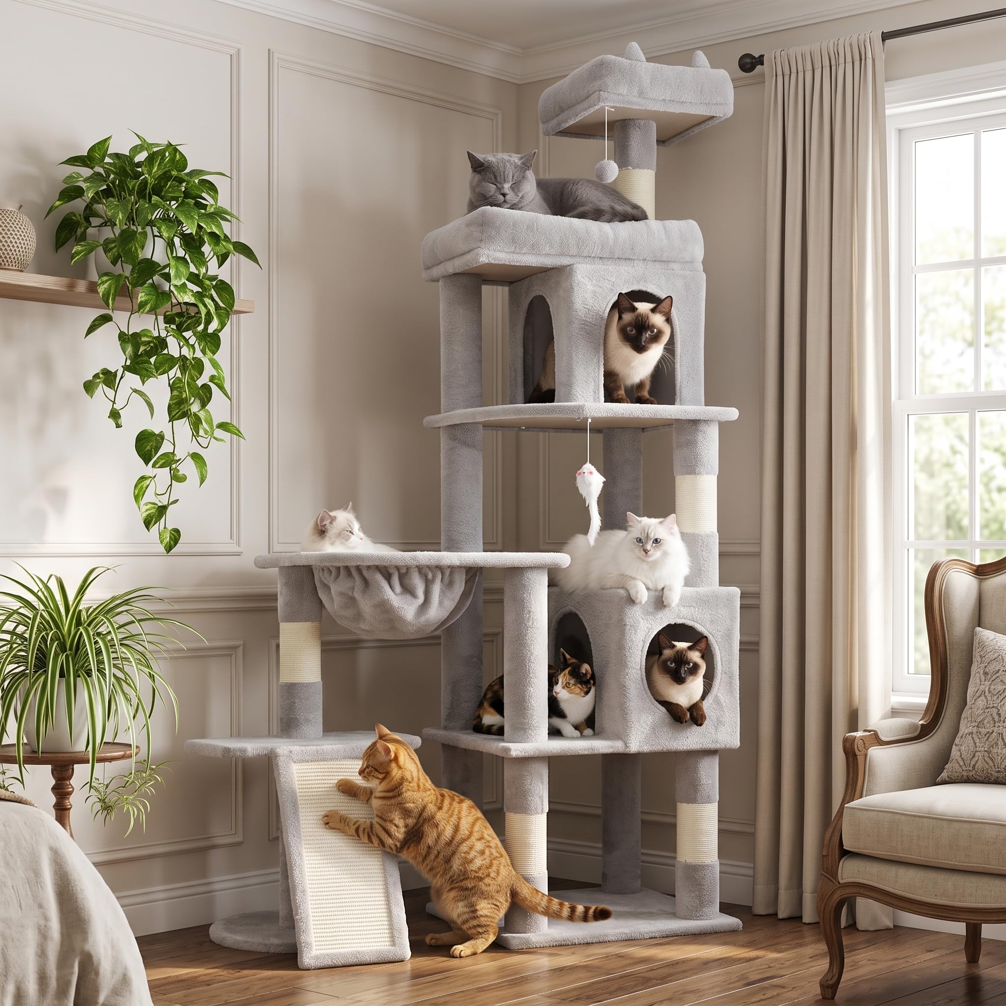 Albero per gatti da interno resistente, 172 cm, torre per gatti grandi con tiragraffi in sisal e posatoio superiore, grande piattaforma per gatti adulti, PMT02GY, grigio