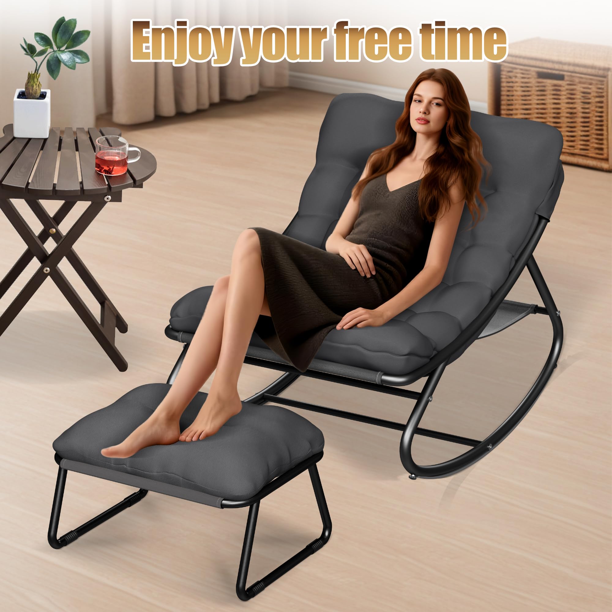 Schaukelstuhl Outdoor Wetterfester mit Gepolsterter,Schaukelsessel Wohnzimmer mit Hocker,XXL Loungesessel Outdoor bis 150kg,Stillsessel Bequem für Garten Balkon Terrasse
