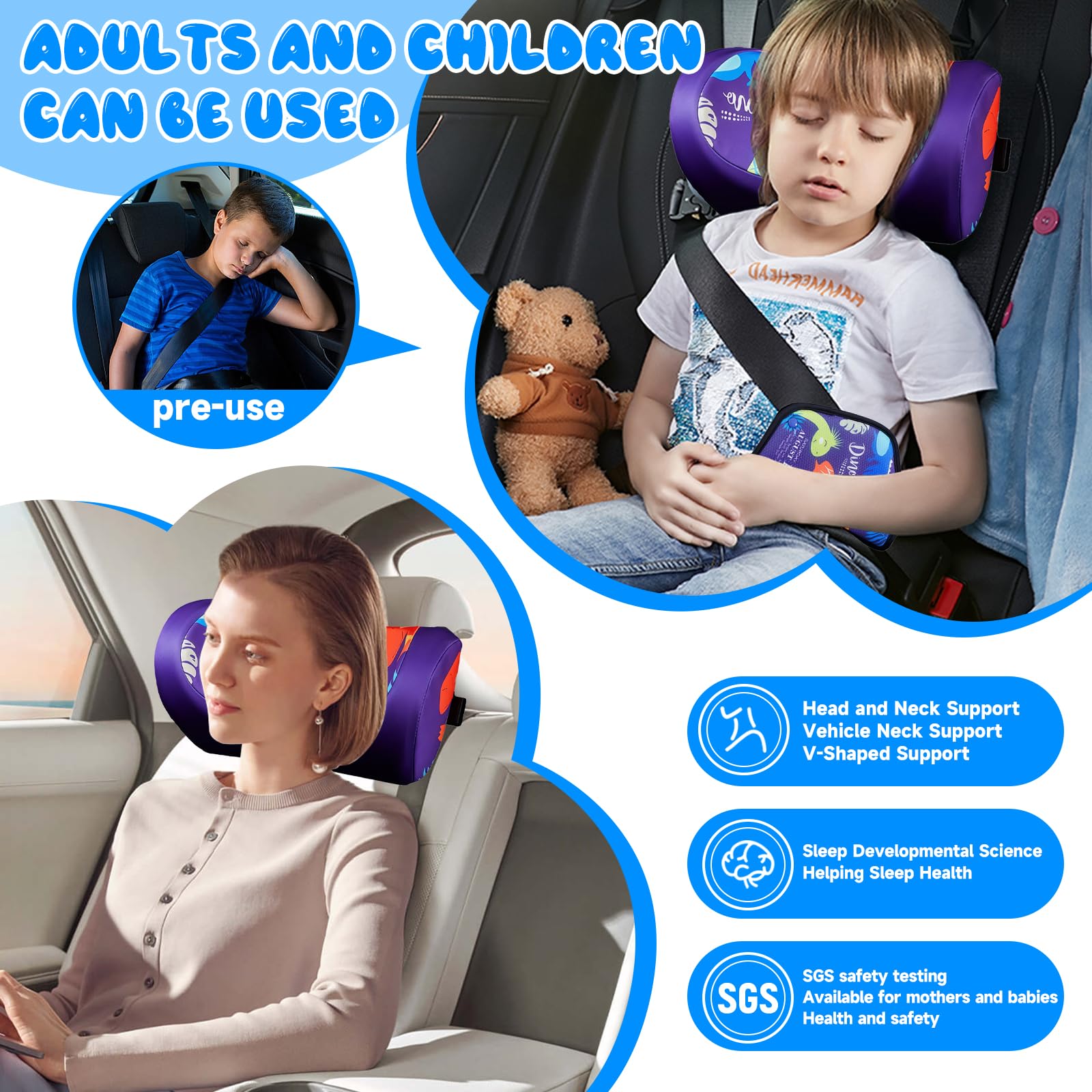 auvstar Reposacabezas Coche Niño,Sujeción Cabeza Silla Coche,Protector Cinturon Coche Niños,Coche Con Soporte Cabeza Extraíble,Suave,Ajustable,Adecuado Tanto Para Adultos Como Para Niños (Dinosaurio)