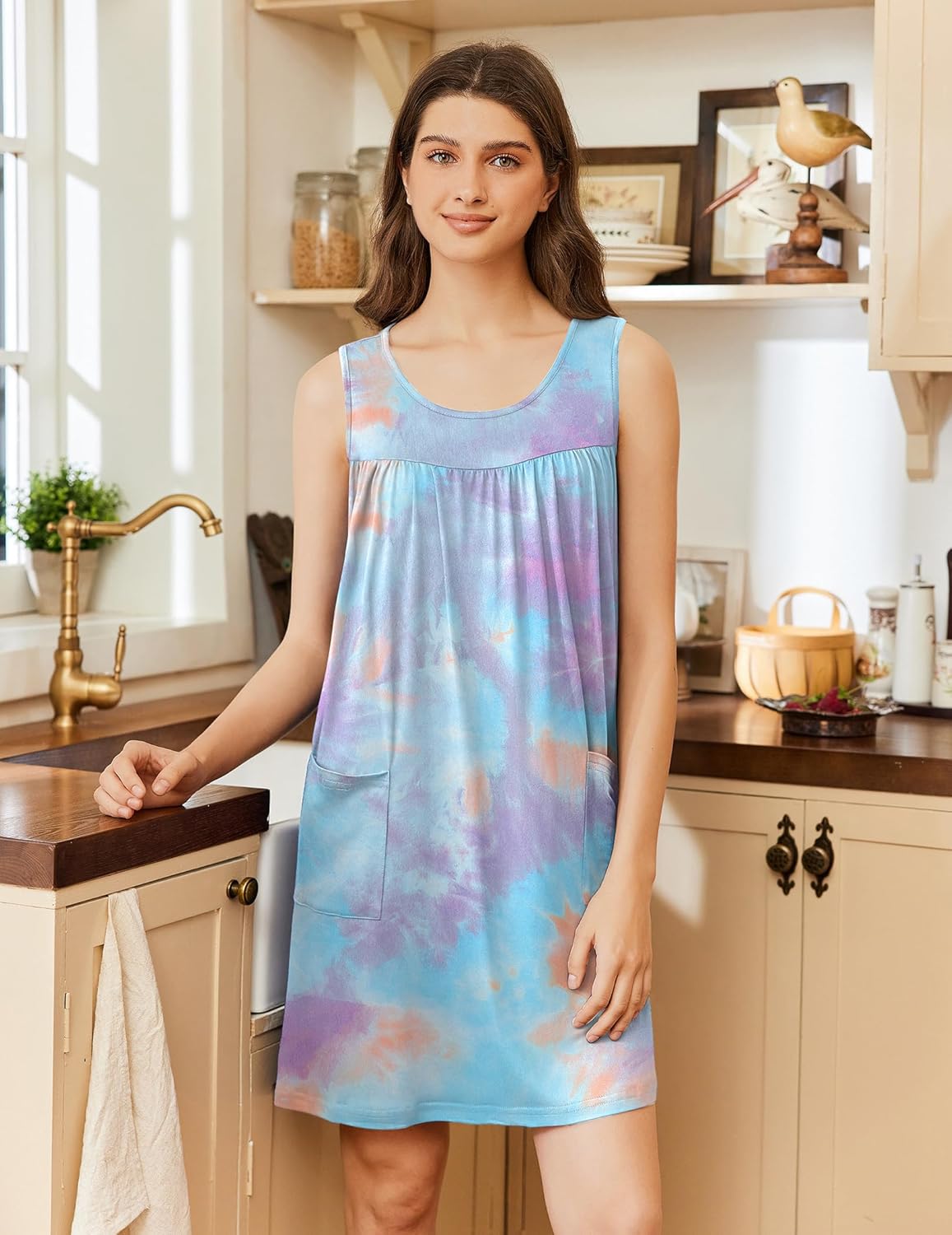 Ekouaer Nightgowns for Women Tank Sleep Shirts Sleeveless Sleep Dress with Pockets Wide Strap Nightshirts - Image 2